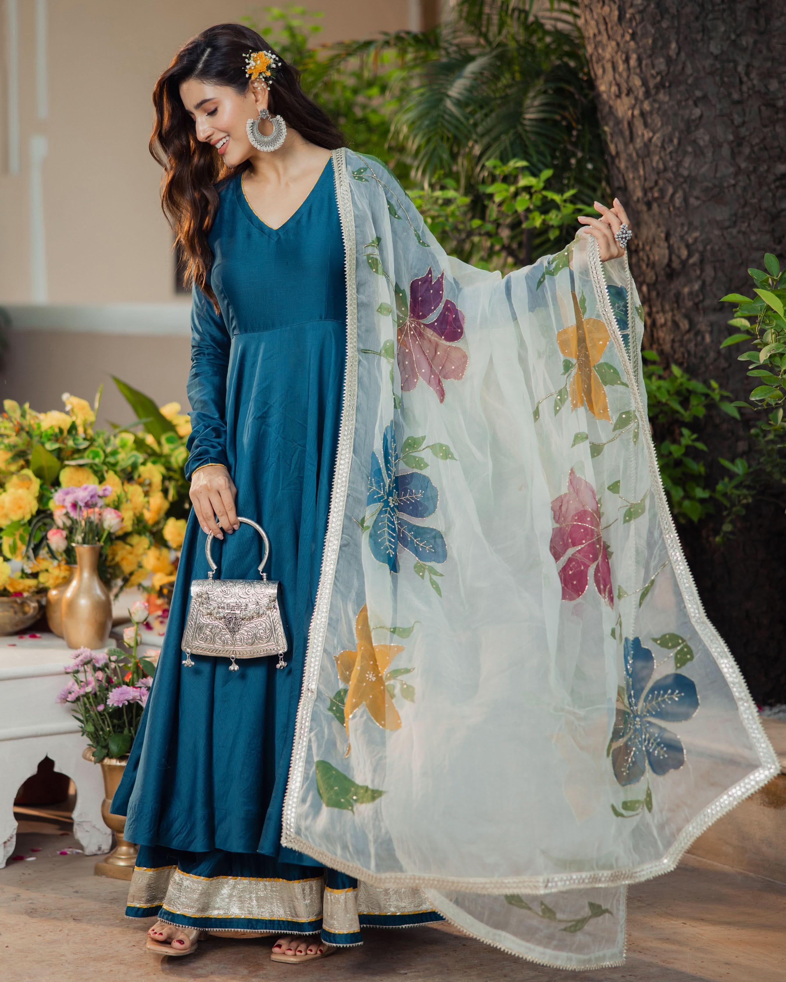 Neelkamal Teal Blue Handpainted Chanderi Suit Set - Image 4