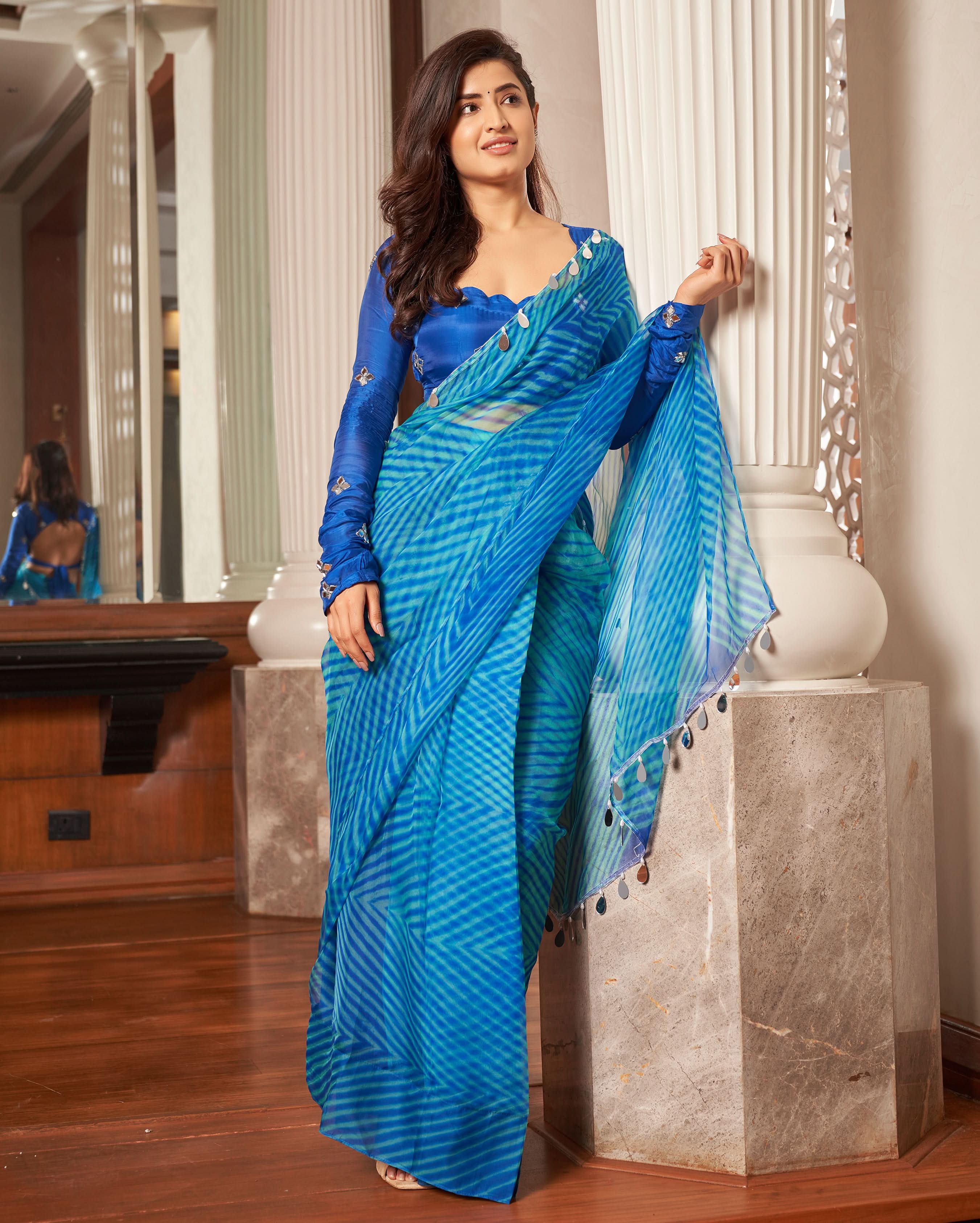 Neeru Blue Leheriya Organza Pre Draped Saree - Image 5