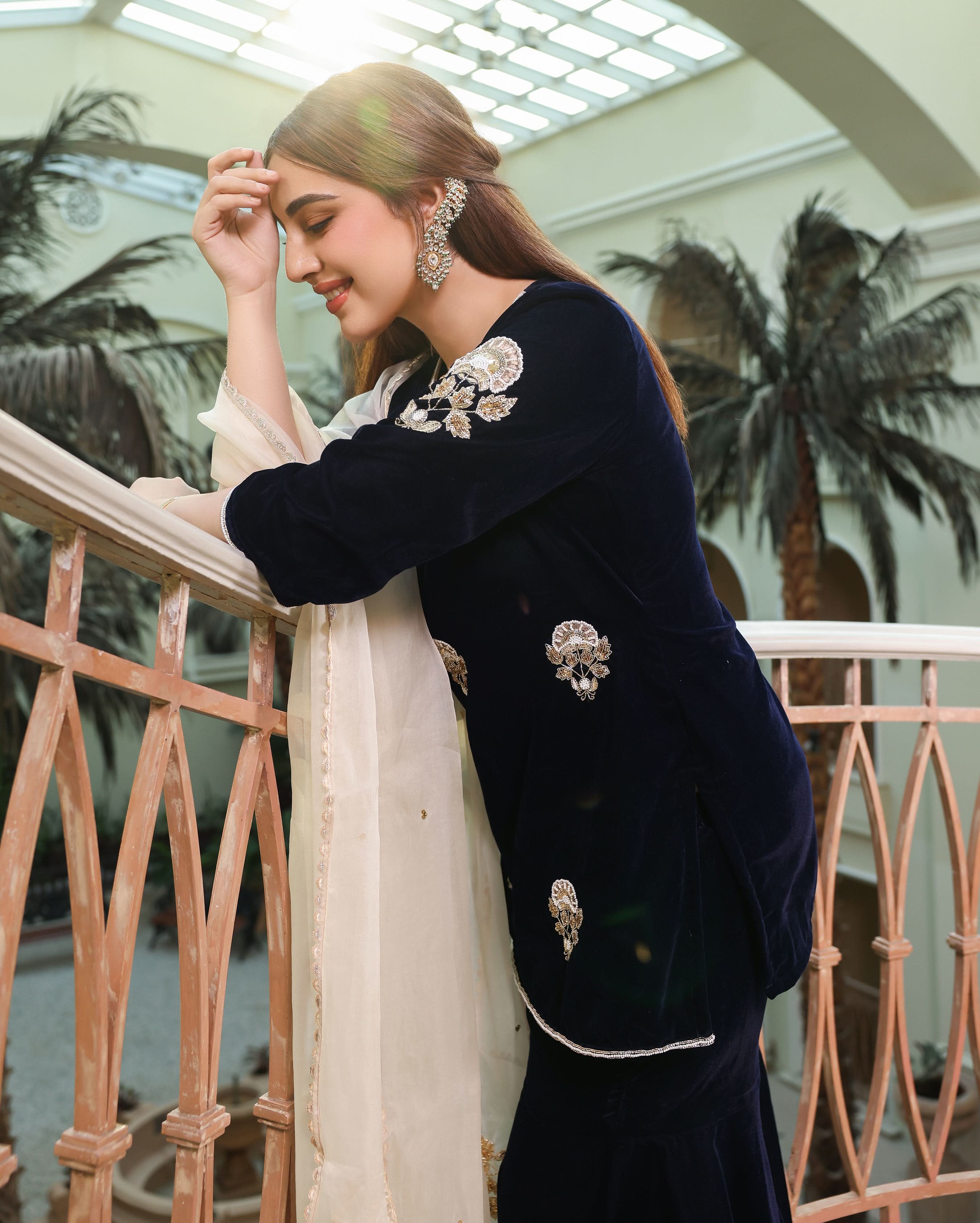 Nihayat Navy Embroidered Velvet Sharara Set - Image 2