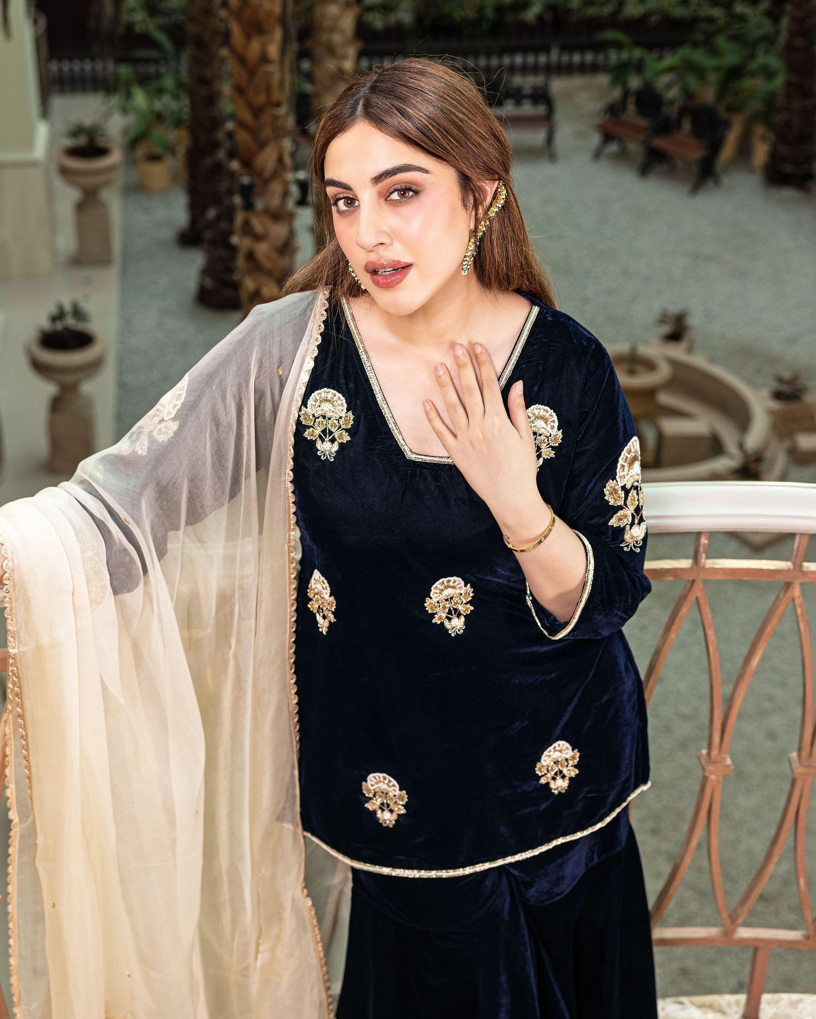 Nihayat Navy Embroidered Velvet Sharara Set - Image 6