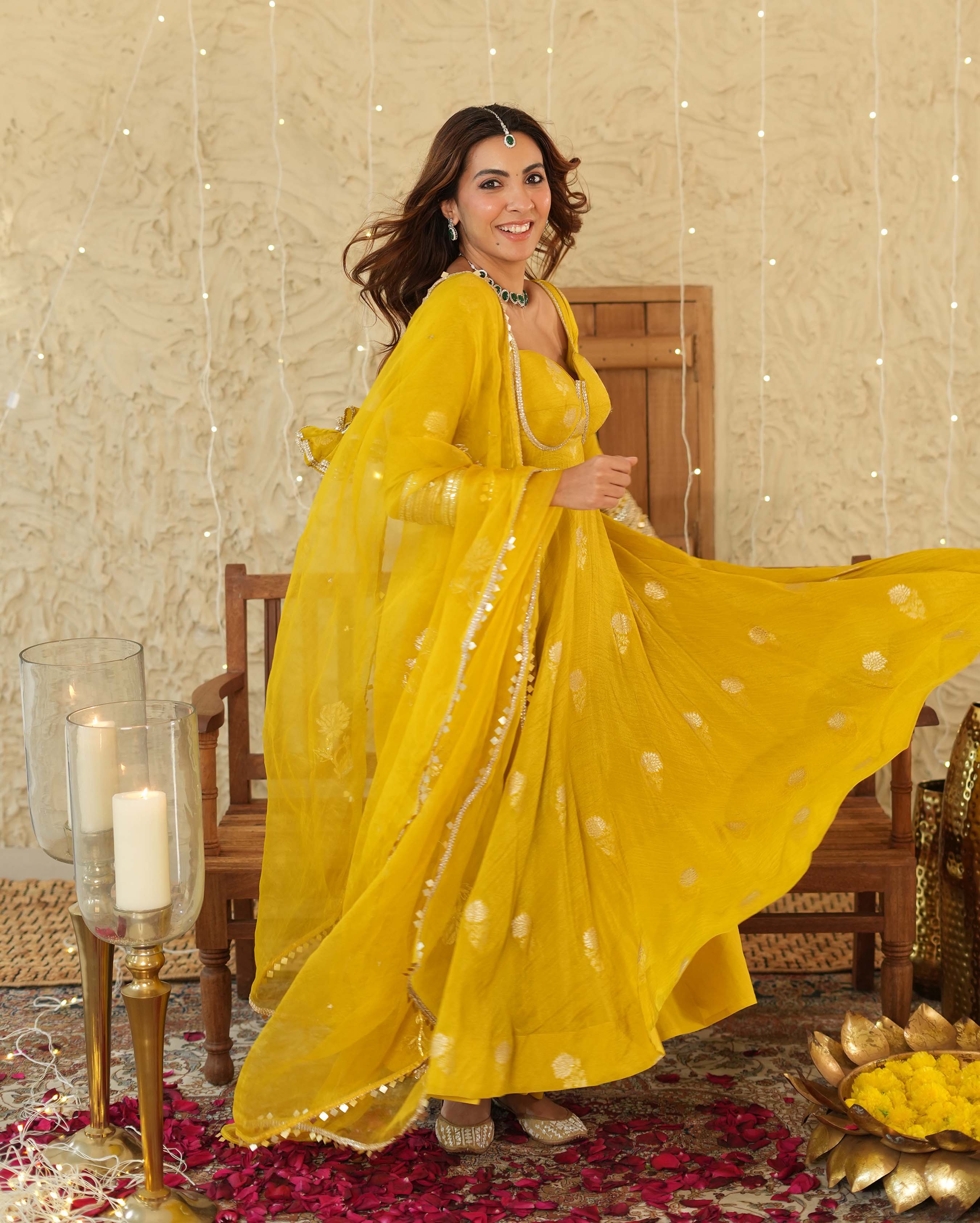 Nikhaar Mustard Jacquard Suit Set - Image 3