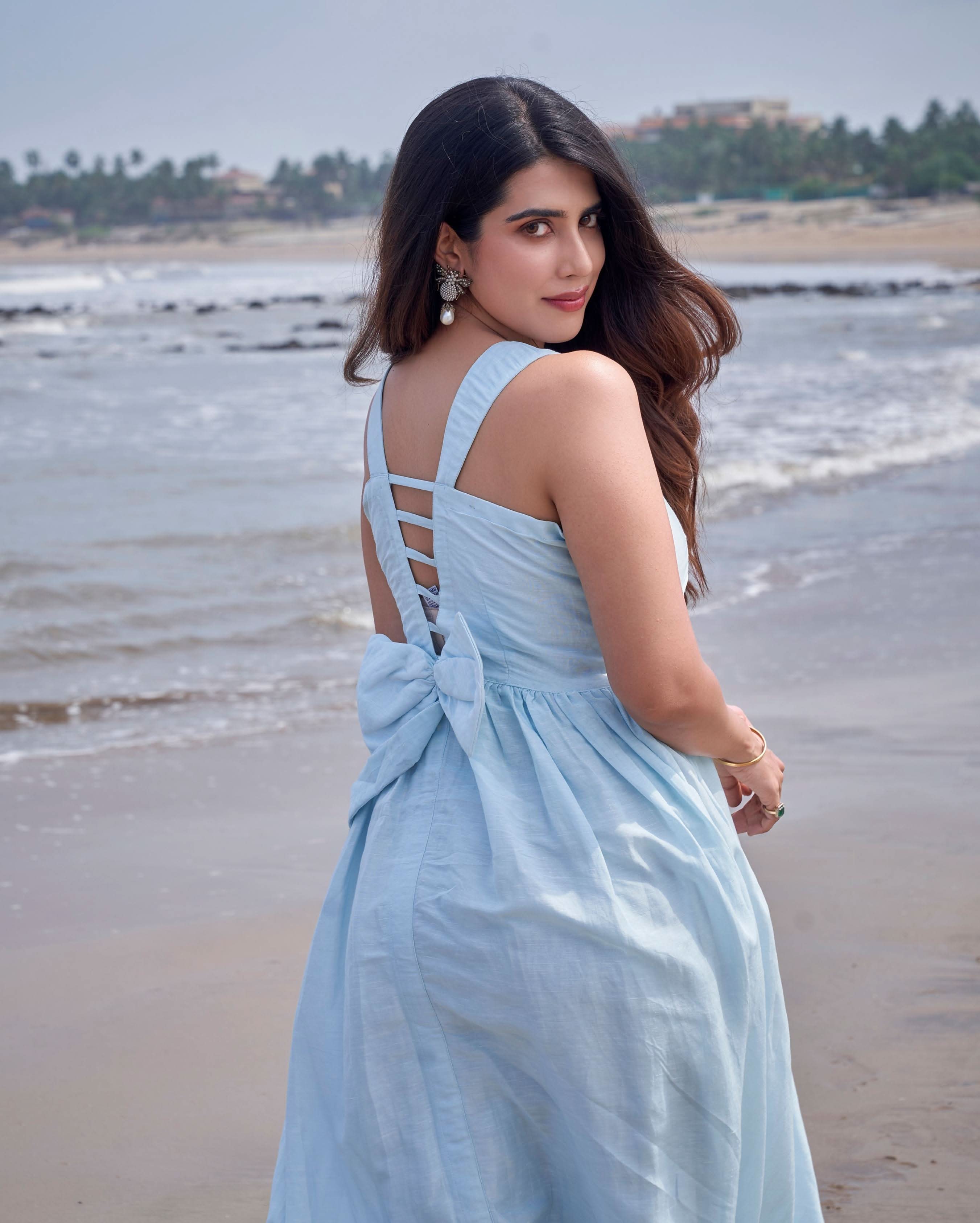 Nimbus Sky Blue Solid Linen Georgette Dress - Image 3