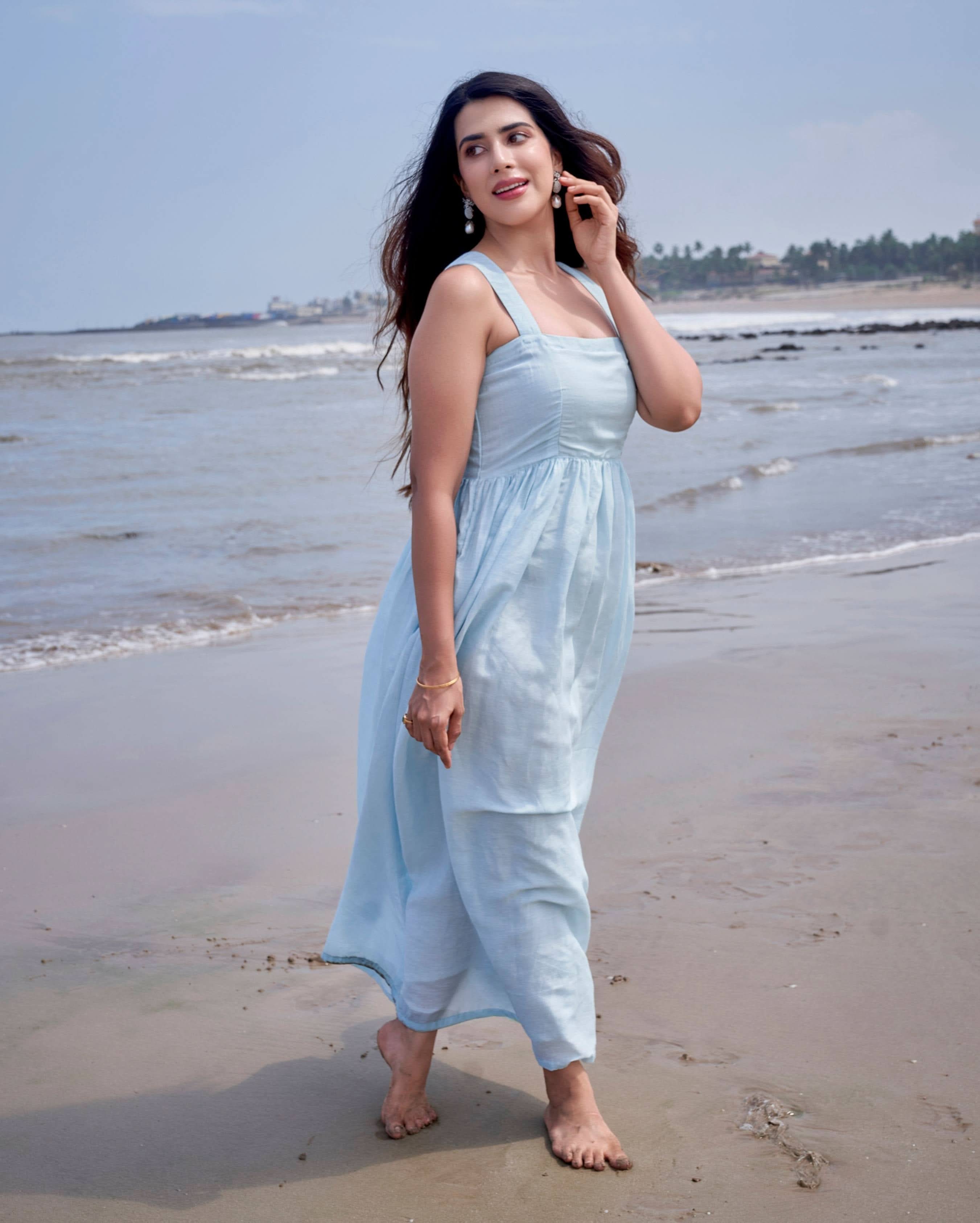 Nimbus Sky Blue Solid Linen Georgette Dress - Image 5