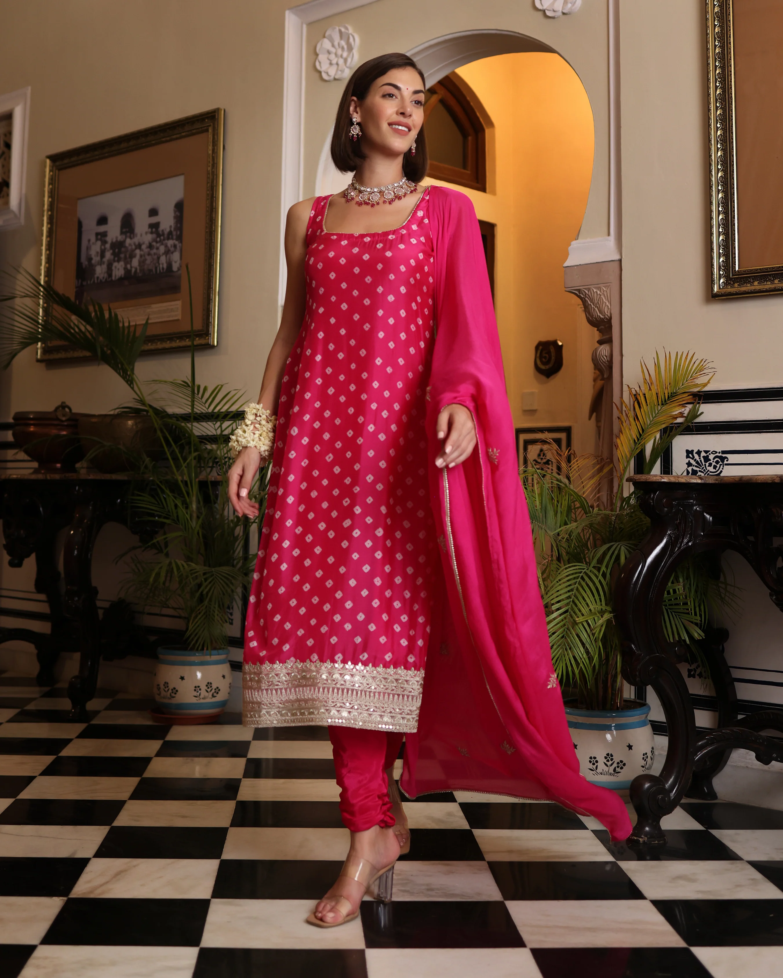 Nira Pink Bandhani Silk Kurta Set - Image 6