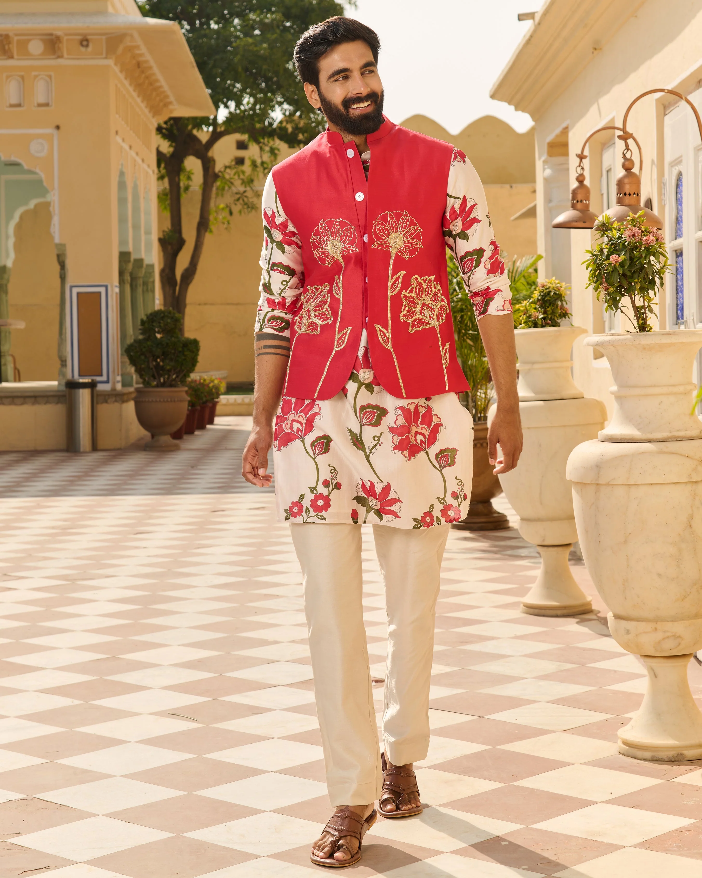 Nirav Pink Embroidered Chanderi Jacket And Printed Kurta Set - Image 3