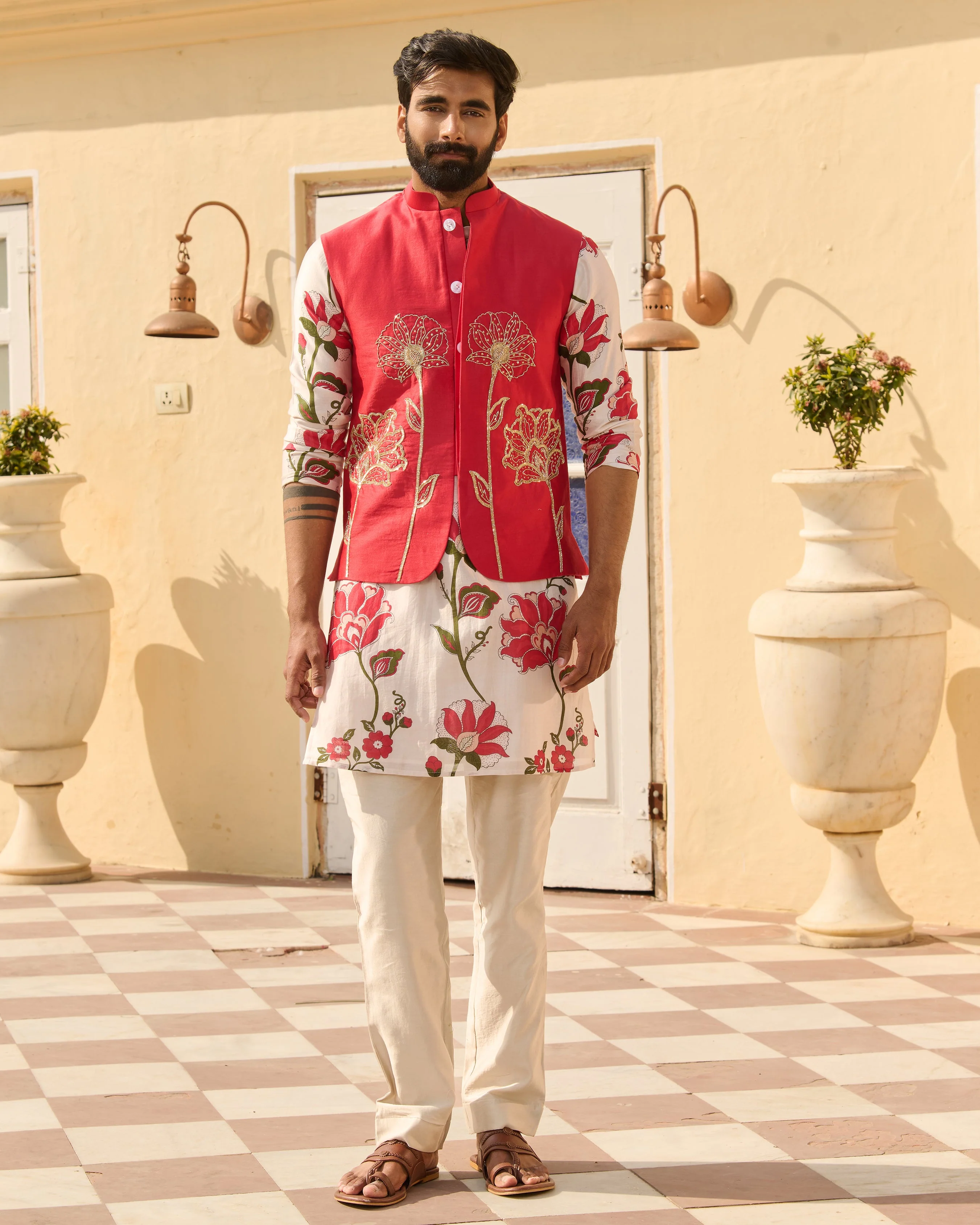 Nirav Pink Embroidered Chanderi Jacket And Printed Kurta Set - Image 5
