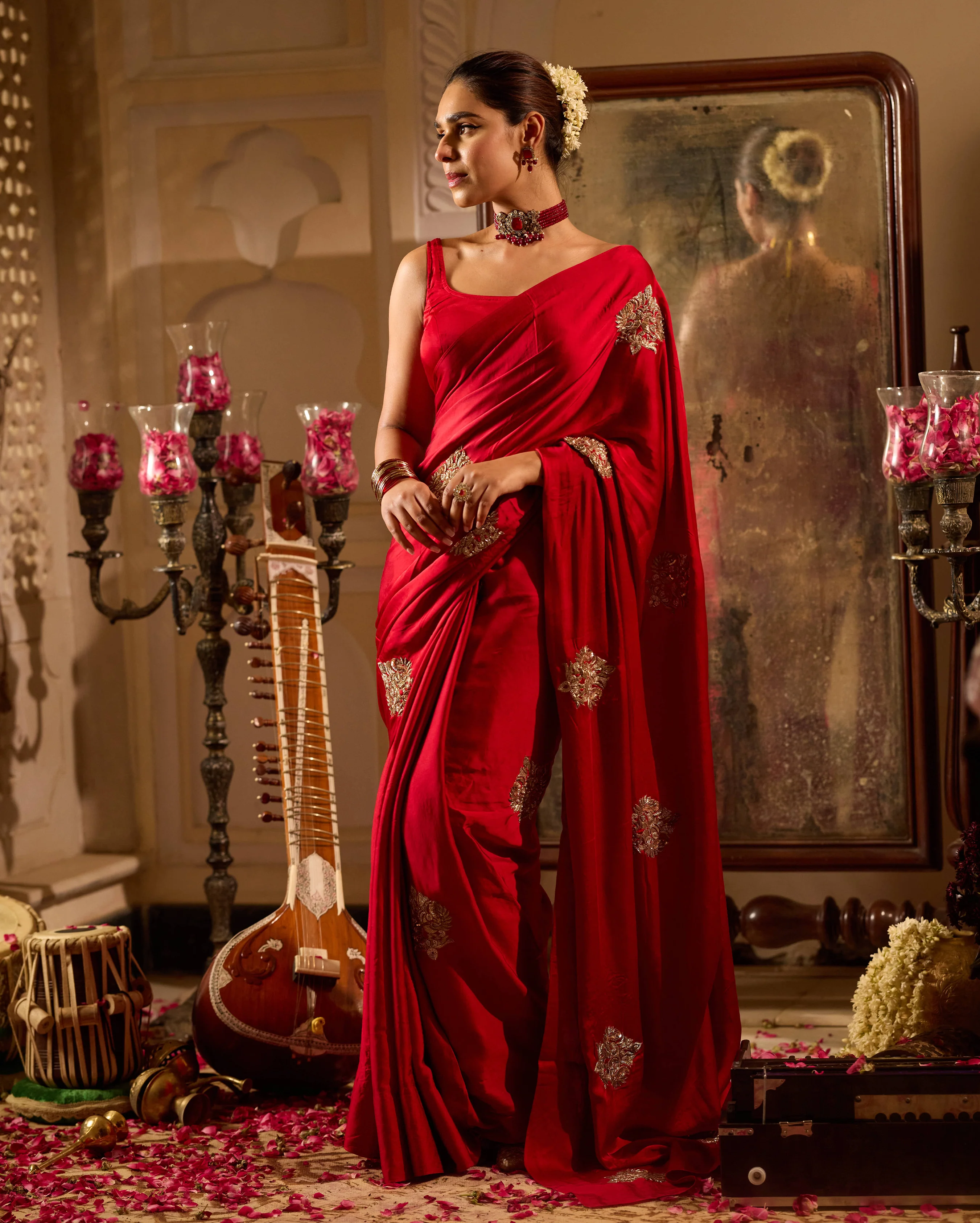 Nishaani Red Handcrafted Satin Saree - Image 3