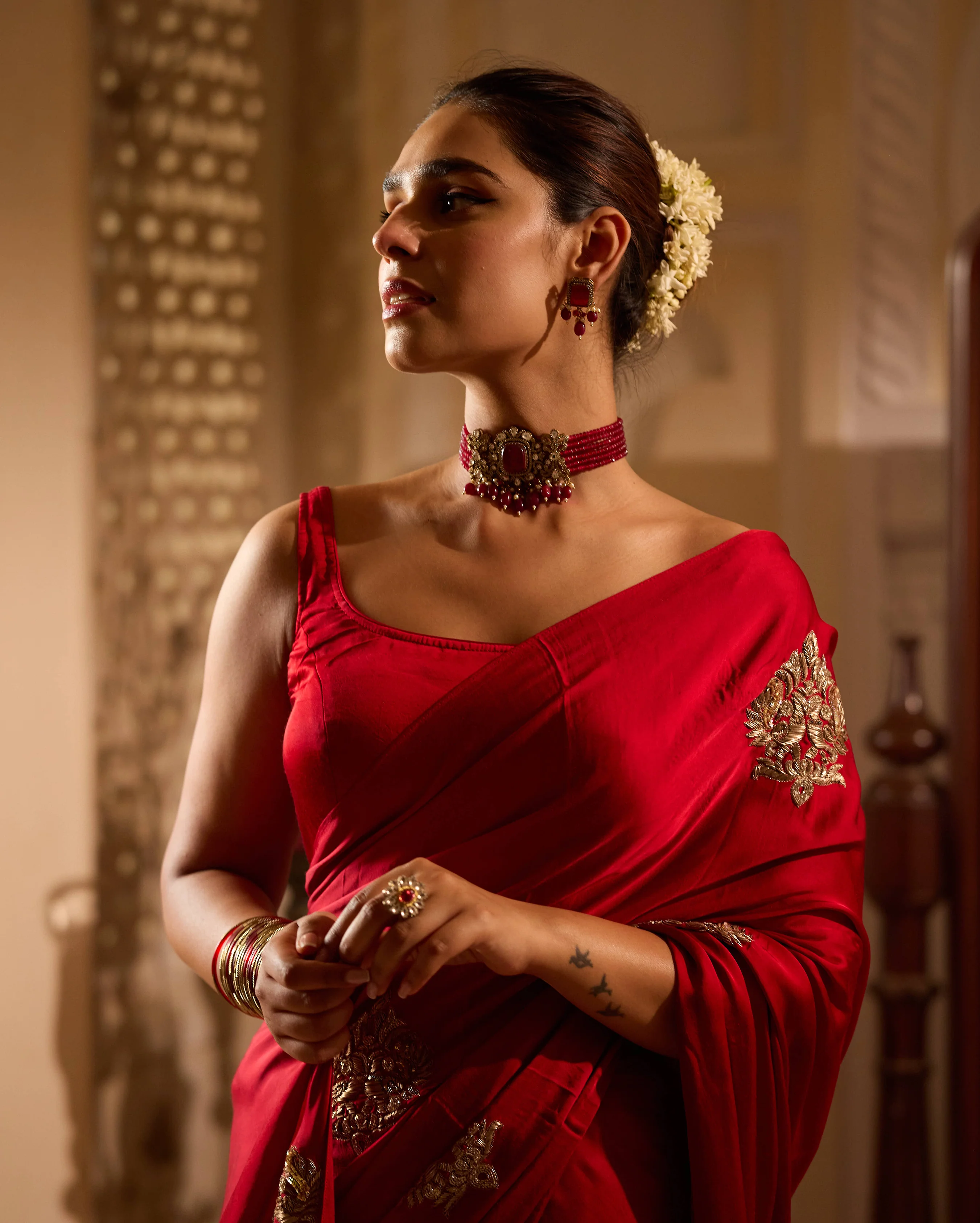 Nishaani Red Handcrafted Satin Saree - Image 4