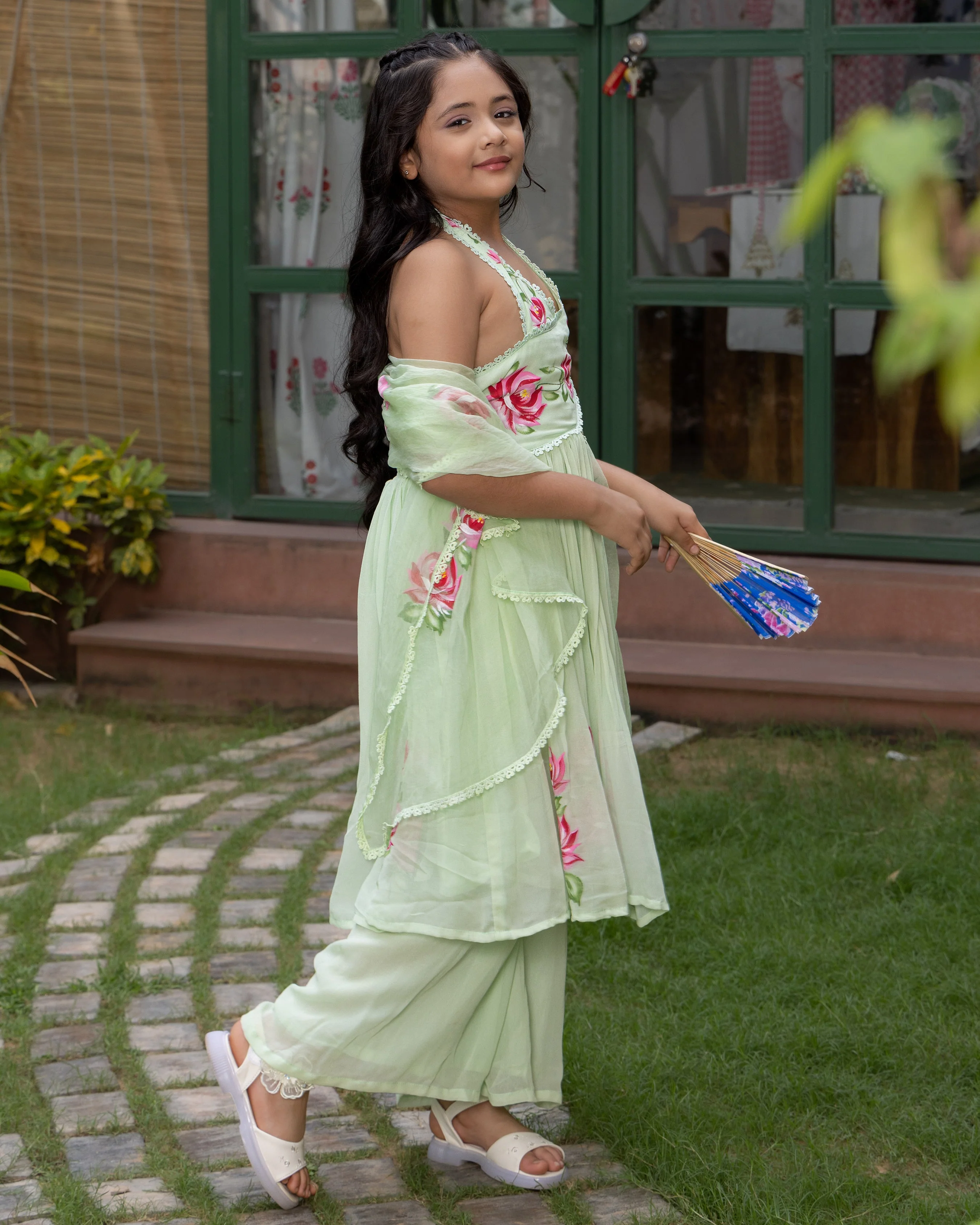 Nola Green Handpainted Georgette Suit Set - Image 3