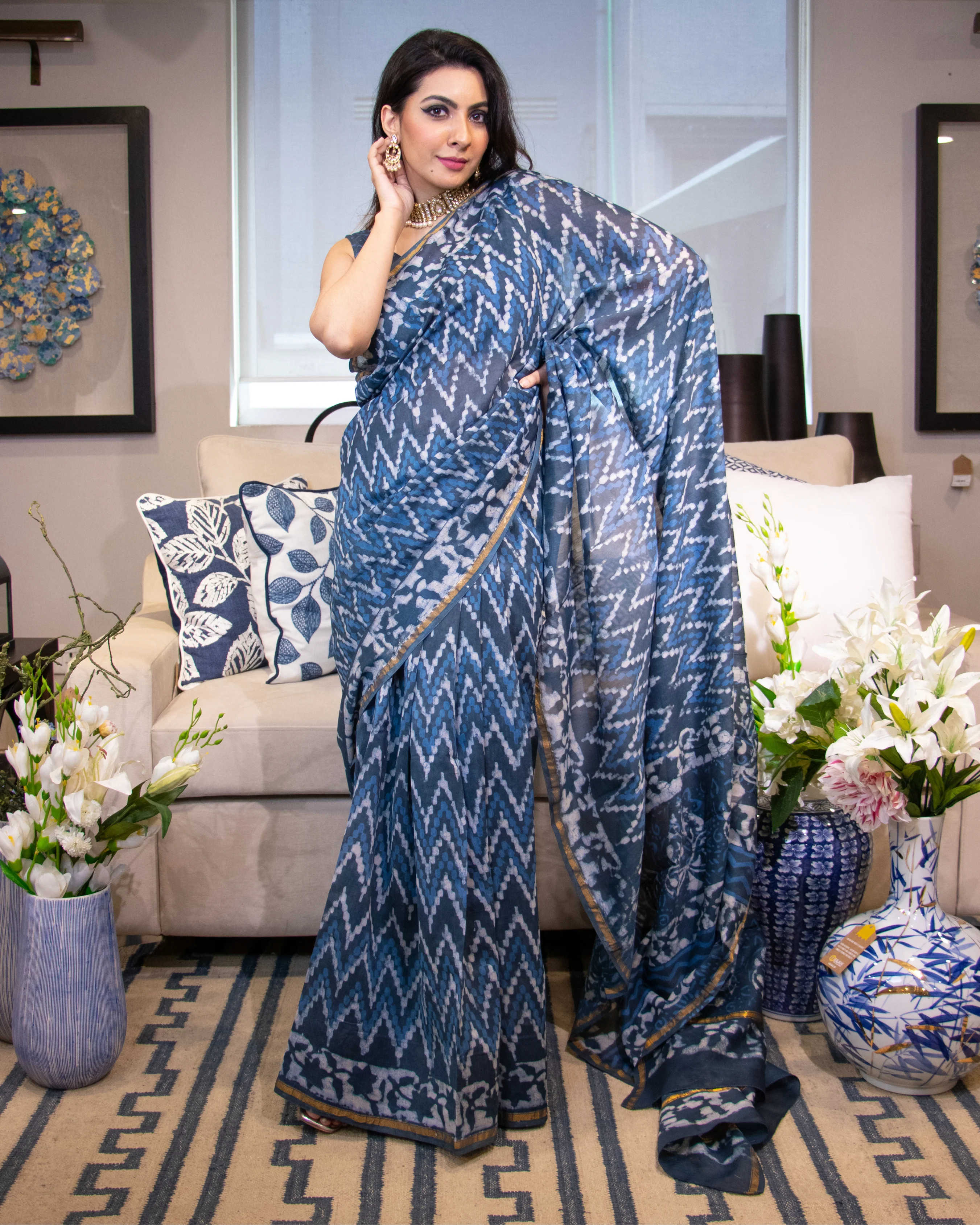 Nura Blue Handblock Chanderi Silk Saree - Image 3