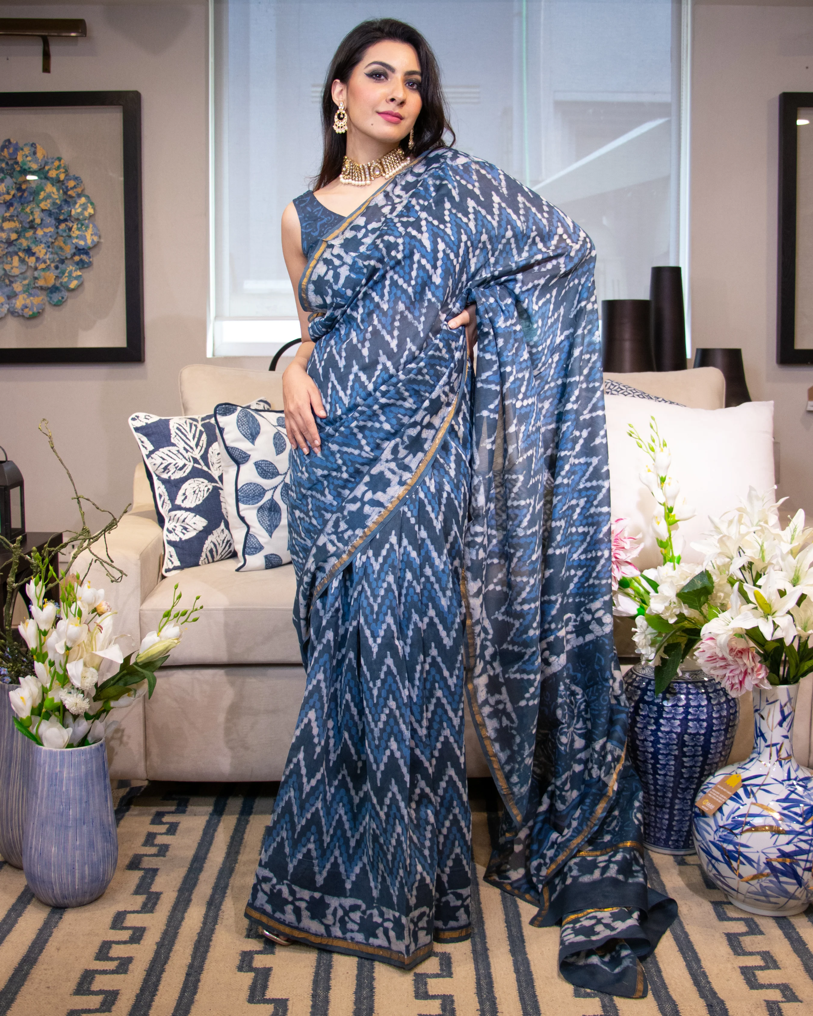 Nura Blue Handblock Chanderi Silk Saree - Image 5