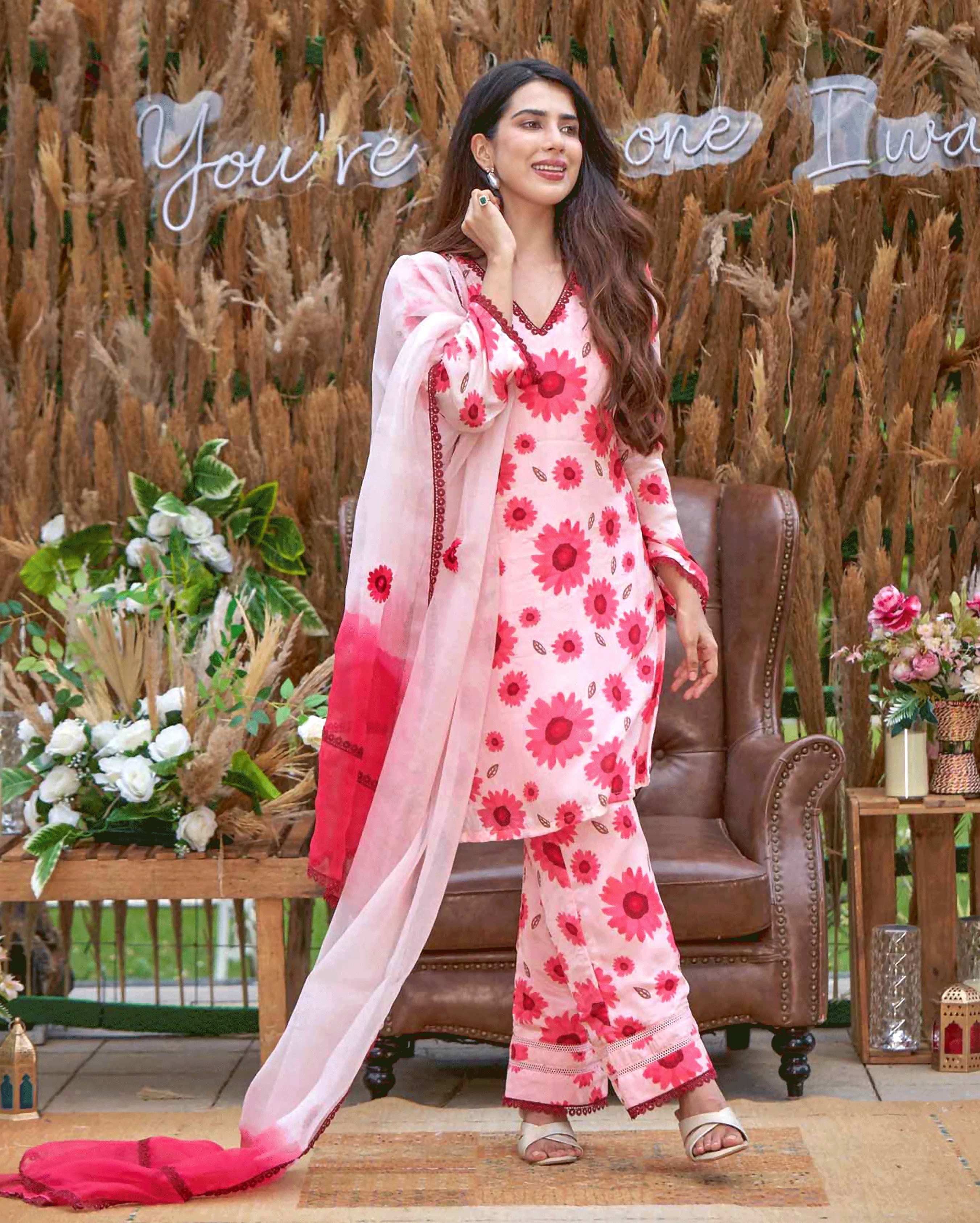 Nysa Pink Printed Silk Suit Set - Image 3