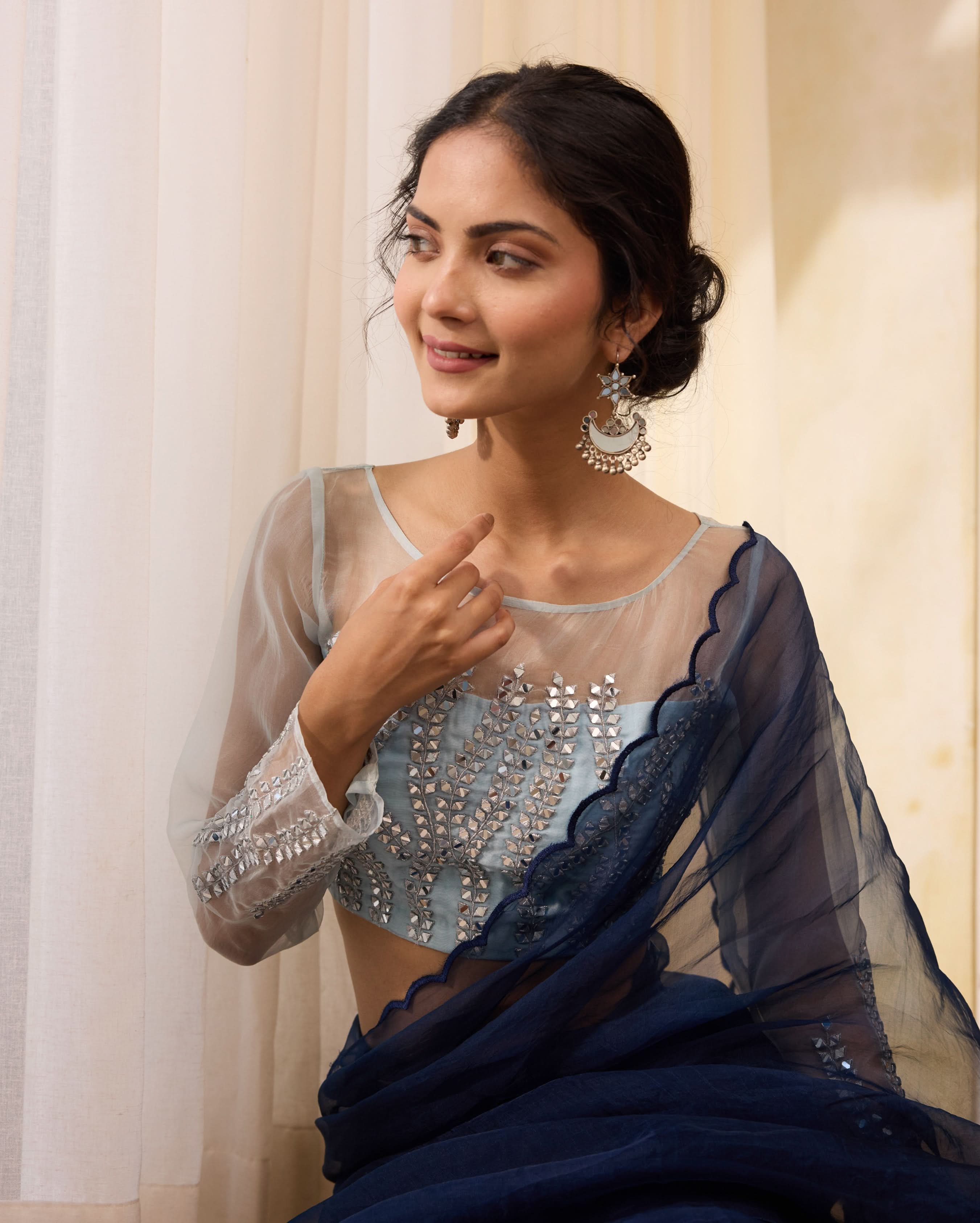 Ocean Wave Blue Organza Embroidered Blouse - Image 3