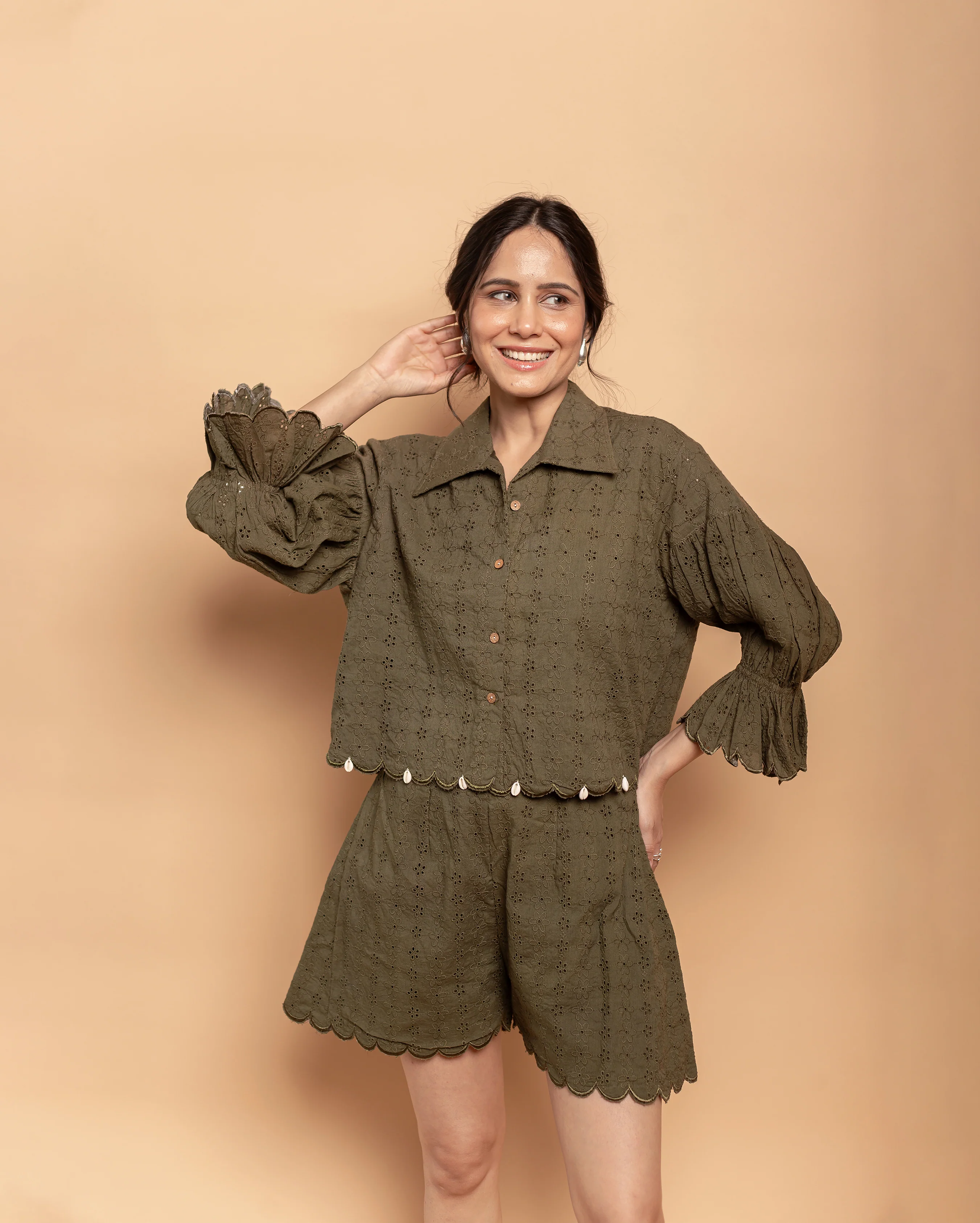 Olive Muse Green Cotton Schiffli Coord Set - Image 6