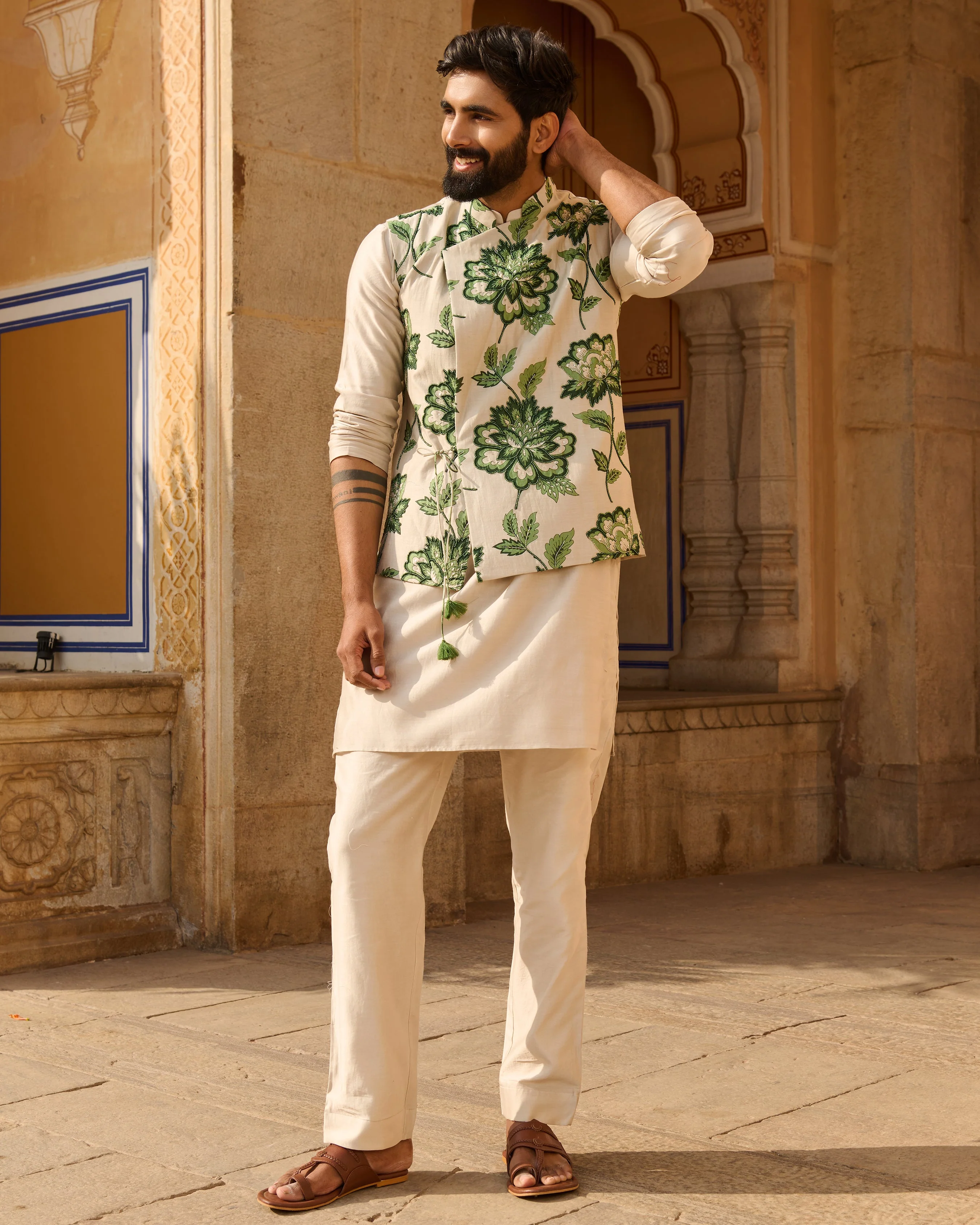 Omkar Grey Printed Chanderi Jacket And Kurta Set - Image 2