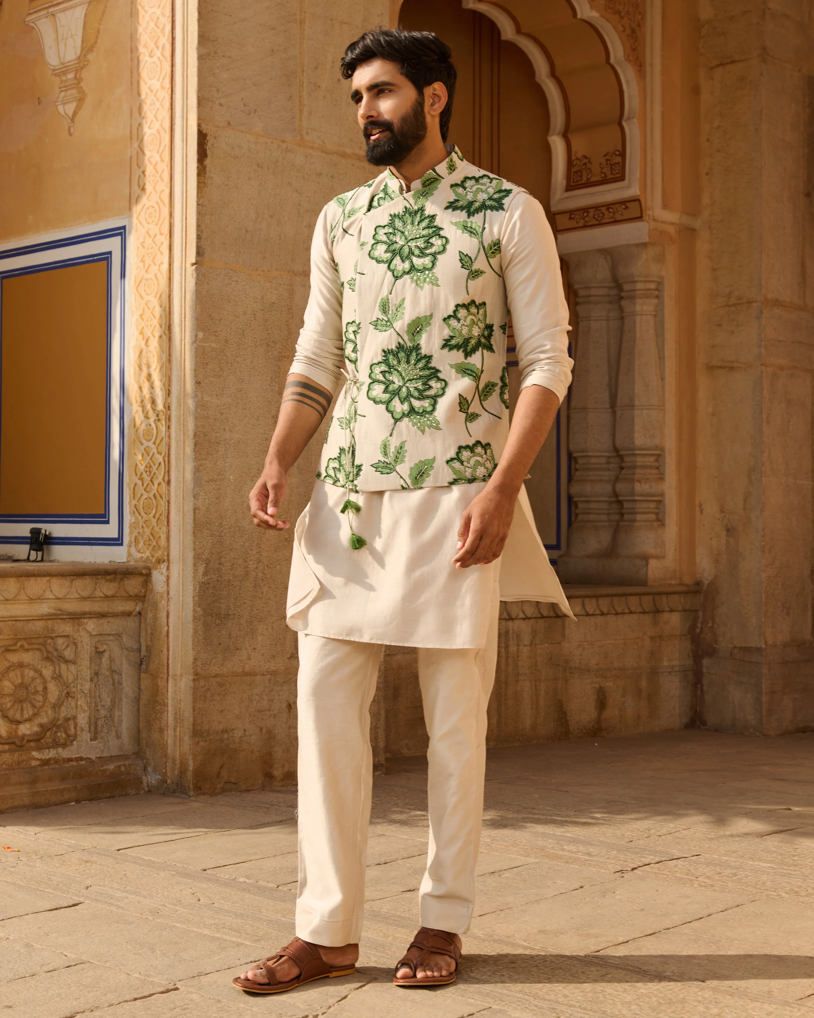 Omkar Grey Printed Chanderi Jacket And Kurta Set - Image 6
