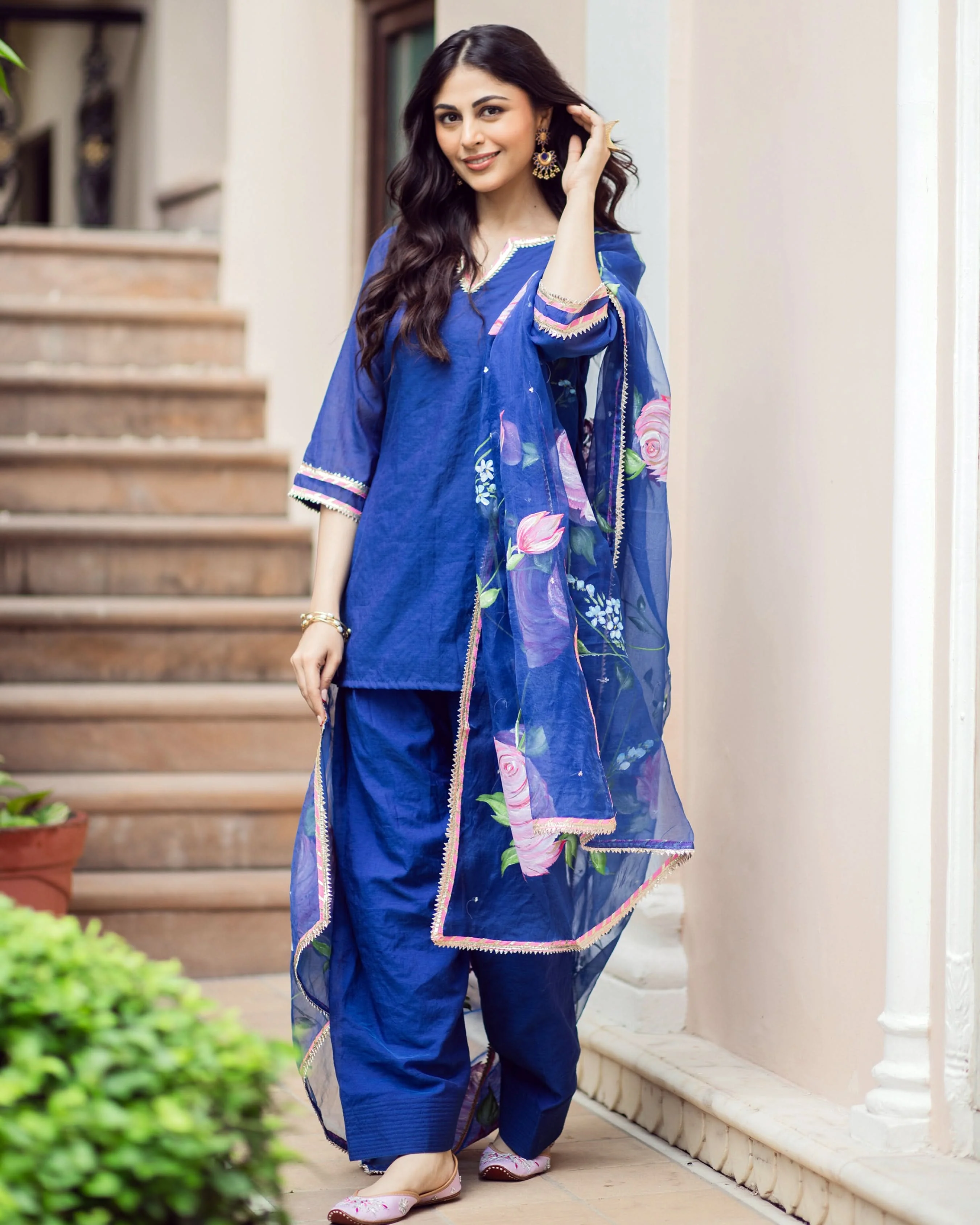 Padma Blue Handpainted Chanderi Suit Set - Image 2