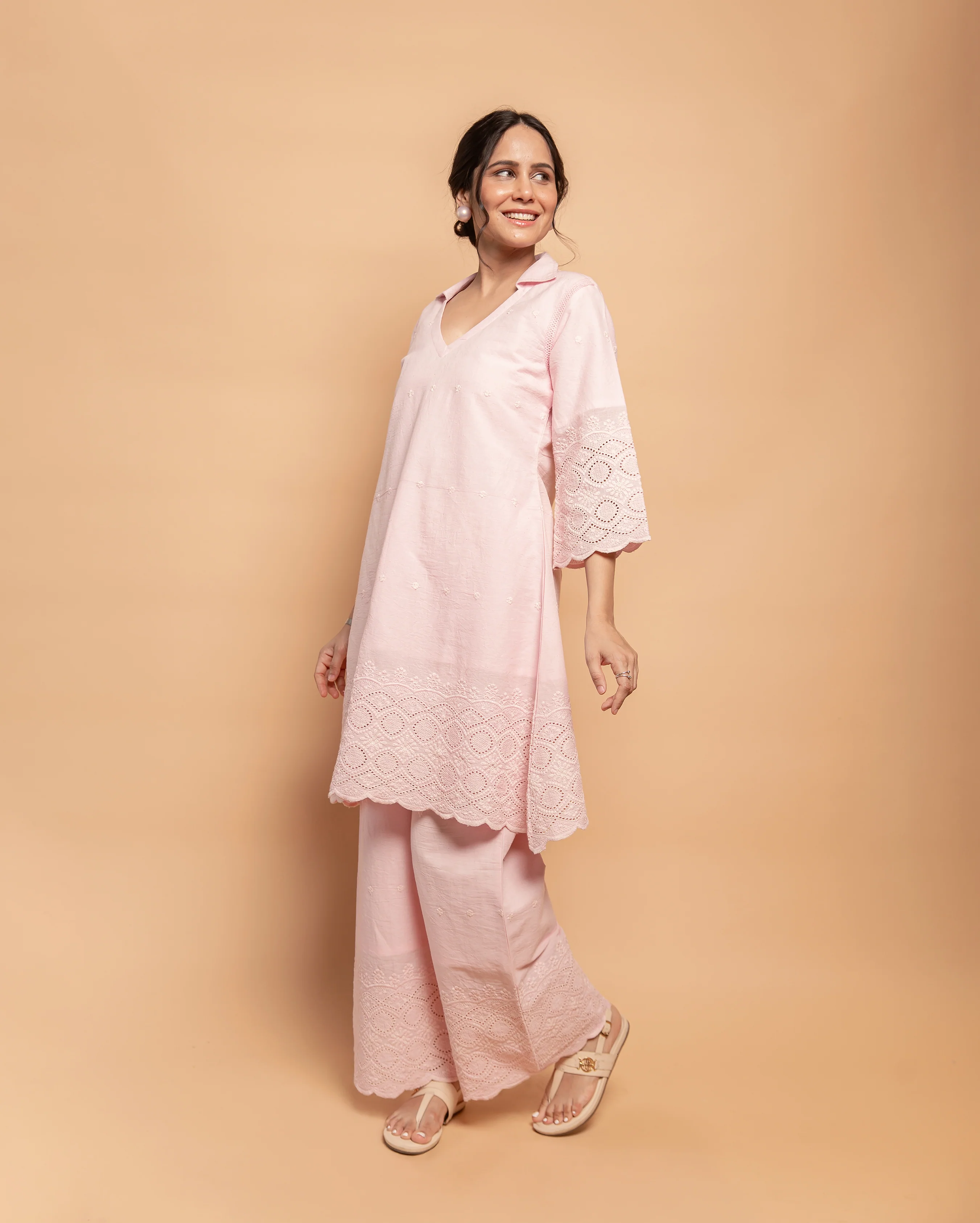 Pale Whisper Pink Cotton Schiffli Coord Set - Image 5