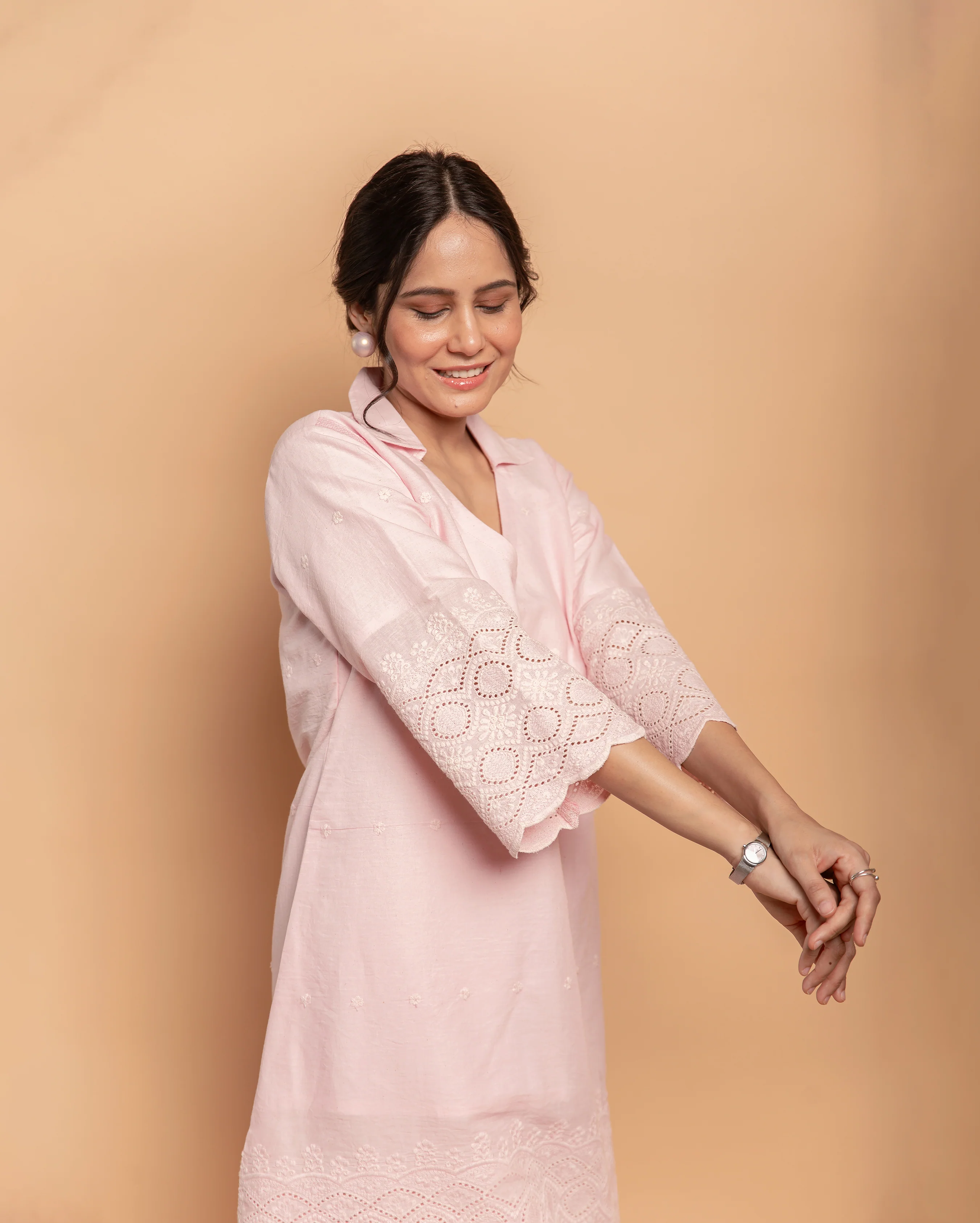 Pale Whisper Pink Cotton Schiffli Coord Set - Image 6