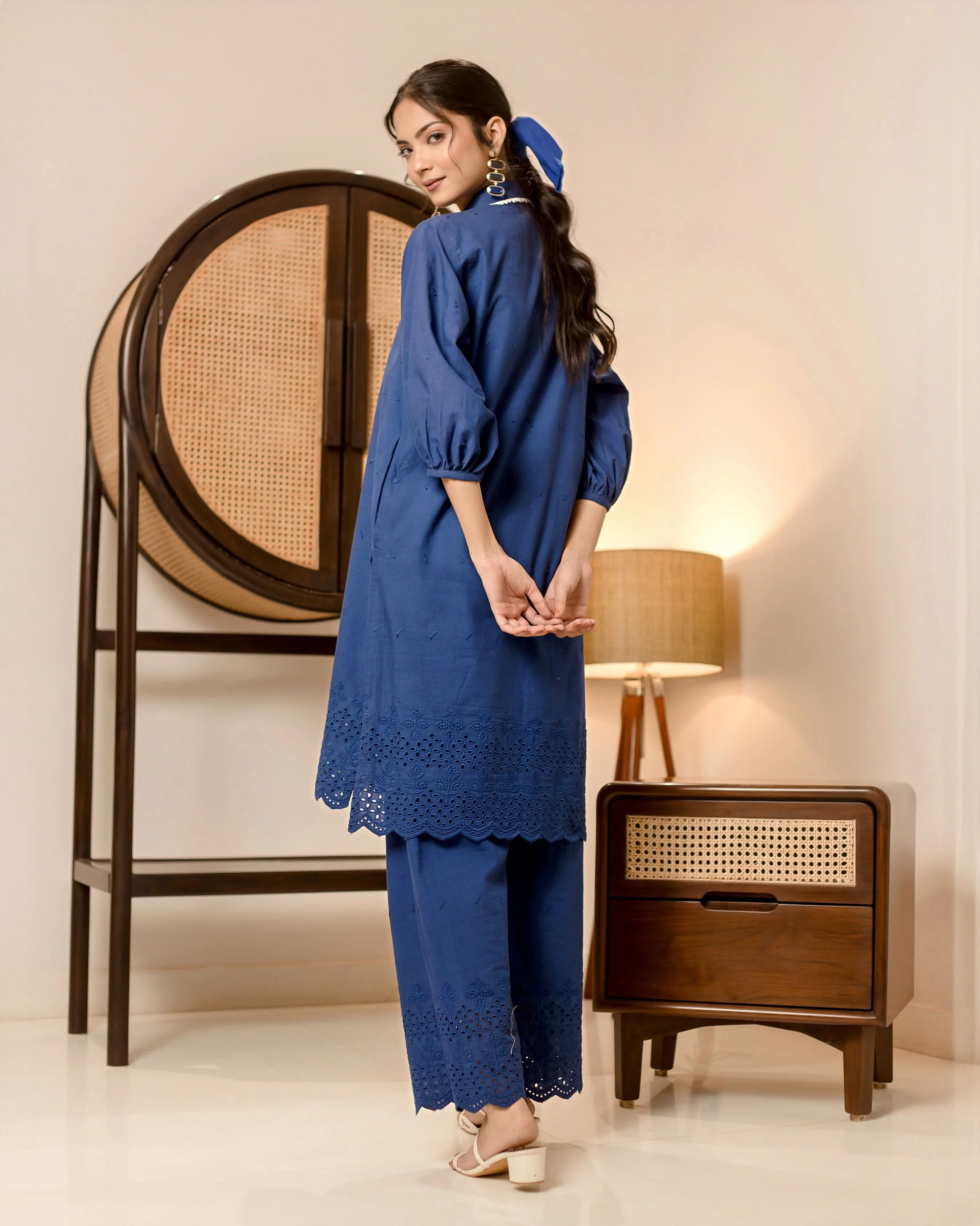 Pansy Blue Solid Cotton Schiffli Coord Set - Image 5