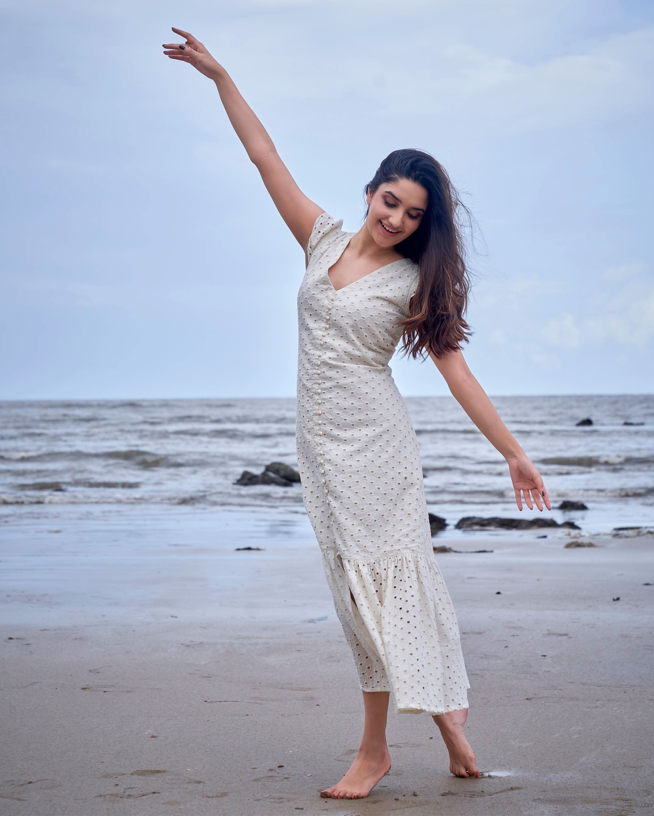 Parakeet White Solid Cotton Schiffli Dress - Image 3