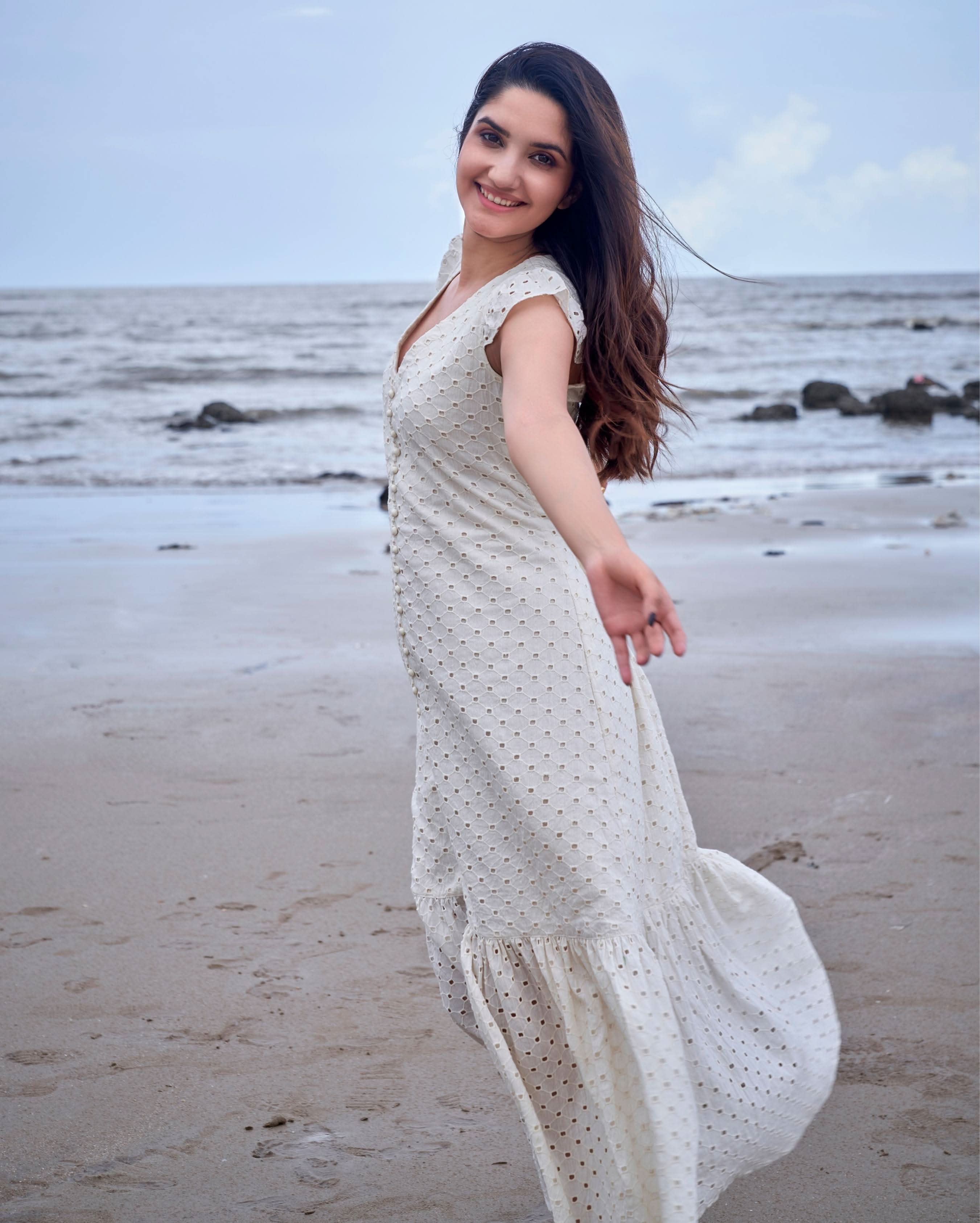 Parakeet White Solid Cotton Schiffli Dress - Image 4