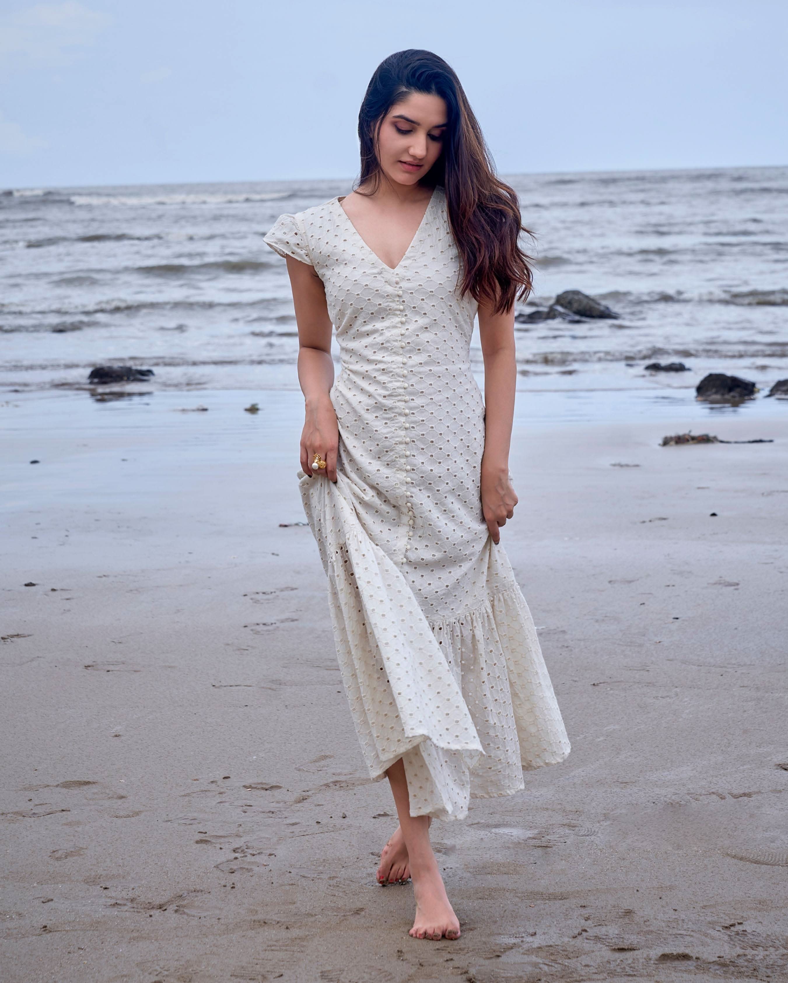 Parakeet White Solid Cotton Schiffli Dress - Image 5