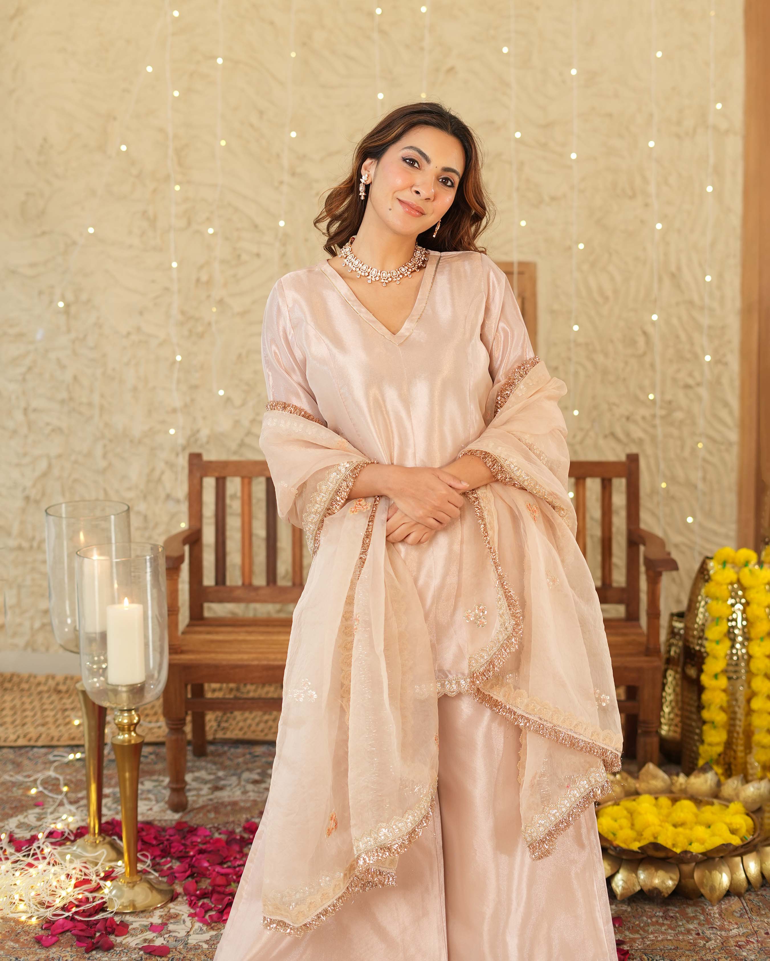 Pataka Beige Solid Tissue Suit Set - Image 5