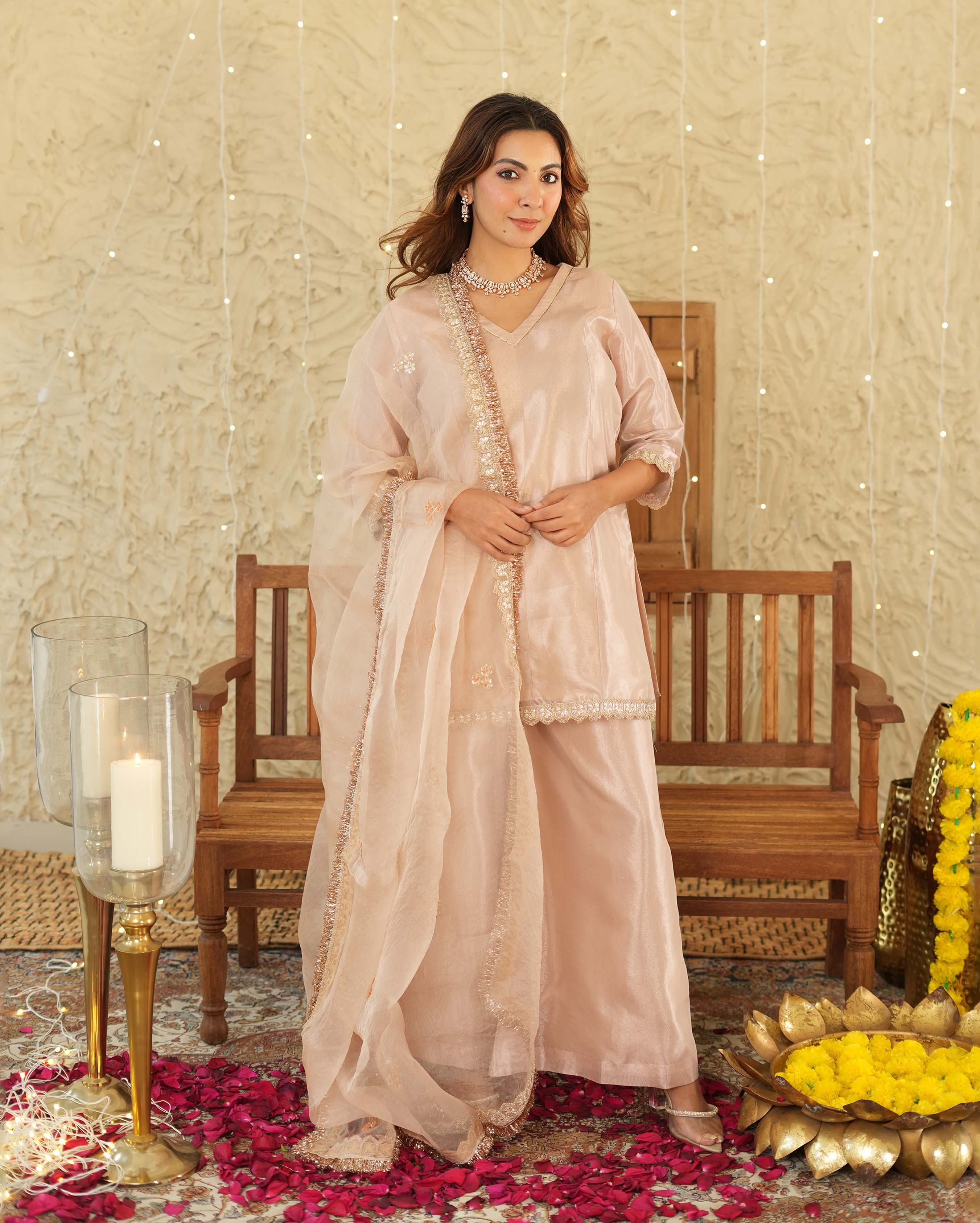 Pataka Beige Solid Tissue Suit Set - Image 6