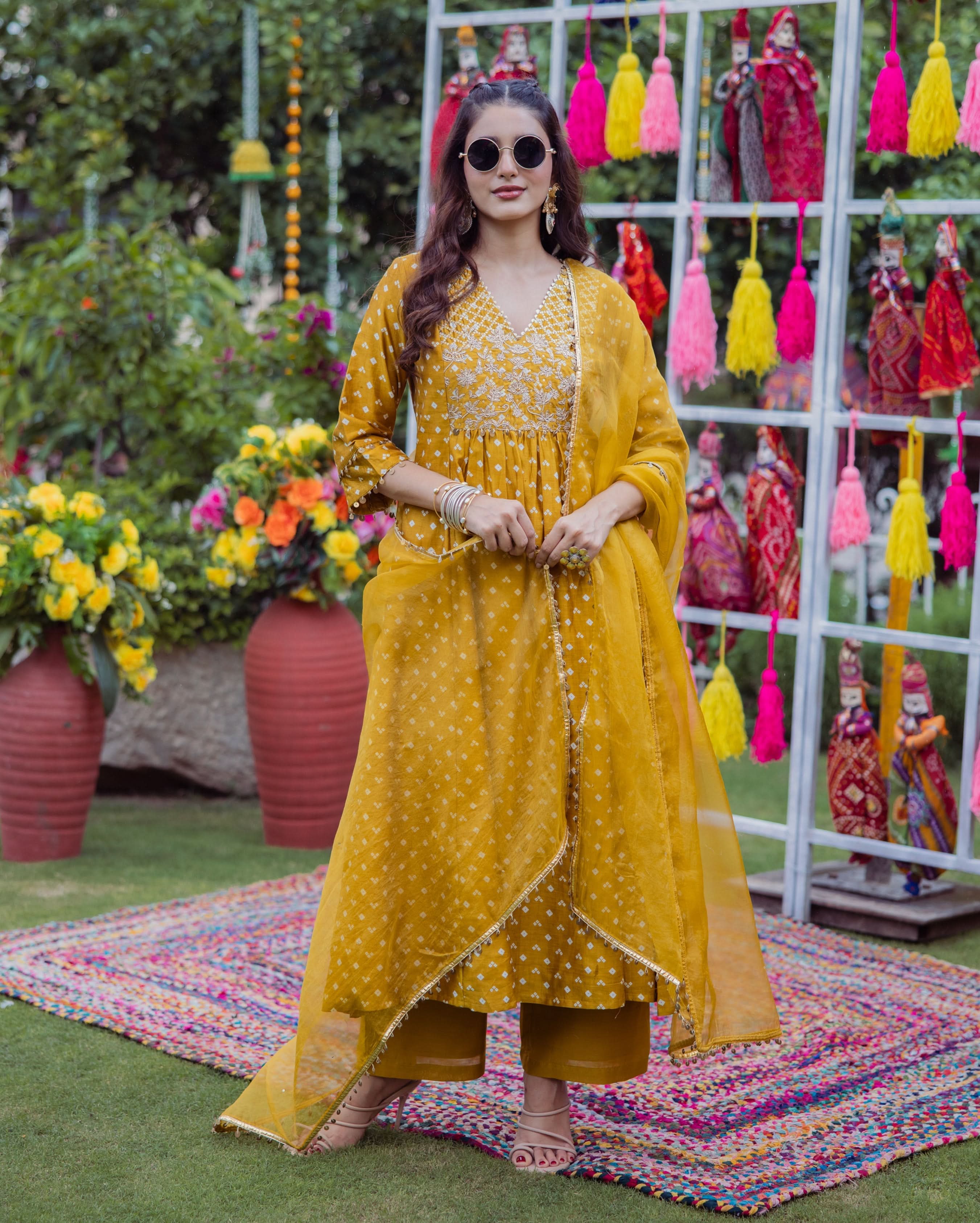 Pavitra Yellow Bandhani Chanderi Suit Set - Image 3