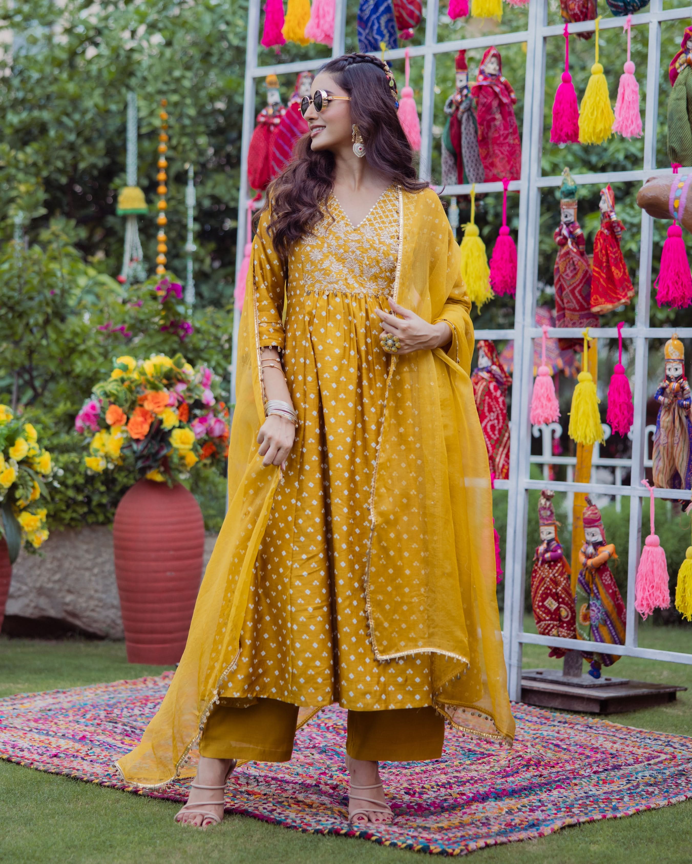 Pavitra Yellow Bandhani Chanderi Suit Set - Image 4