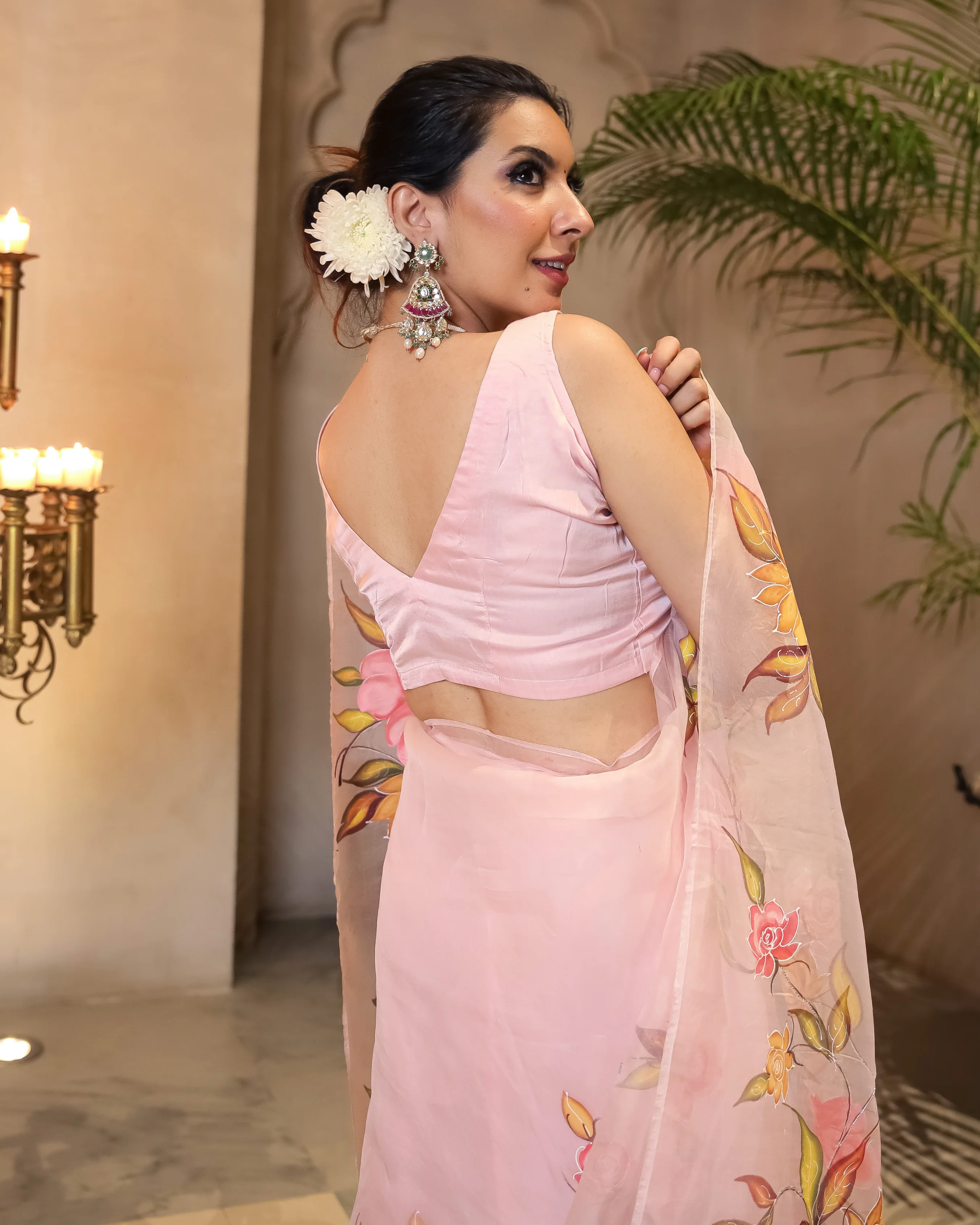 Peach Aura Embellished Handpainted Organza Silk Saree - Image 3