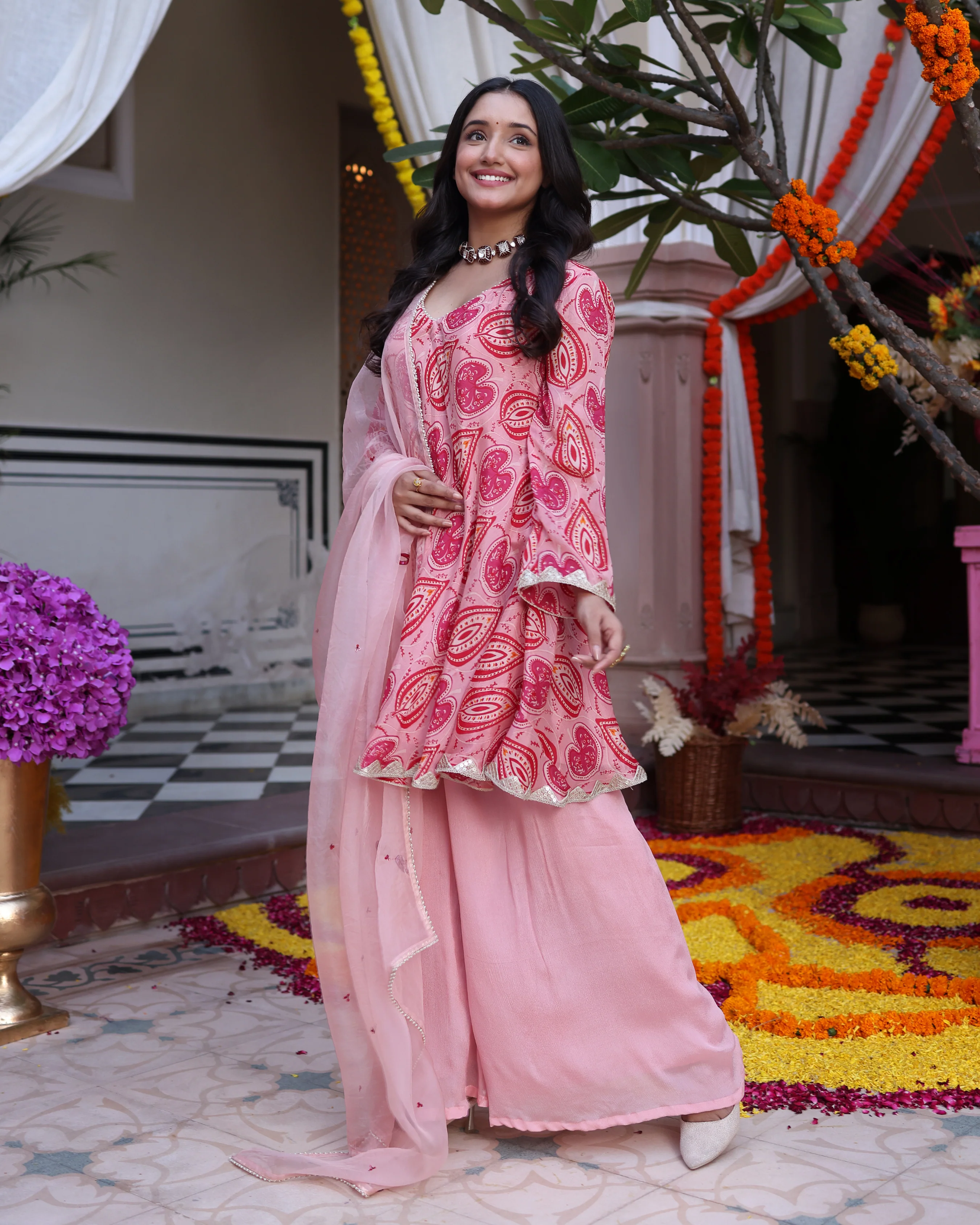 Petal Pink Bouquet Printed Chinon Suit Set - Image 3
