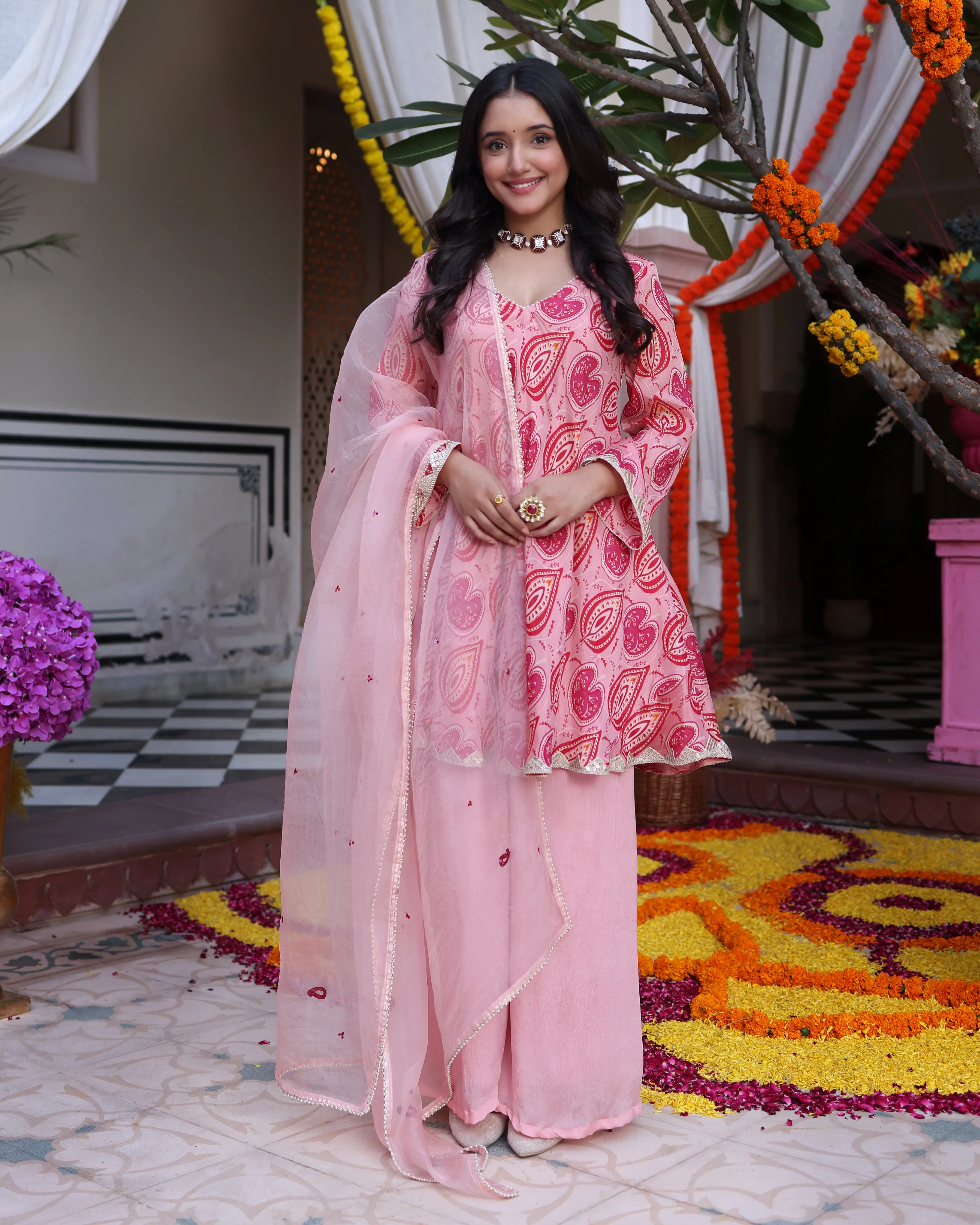 Petal Pink Bouquet Printed Chinon Suit Set - Image 9