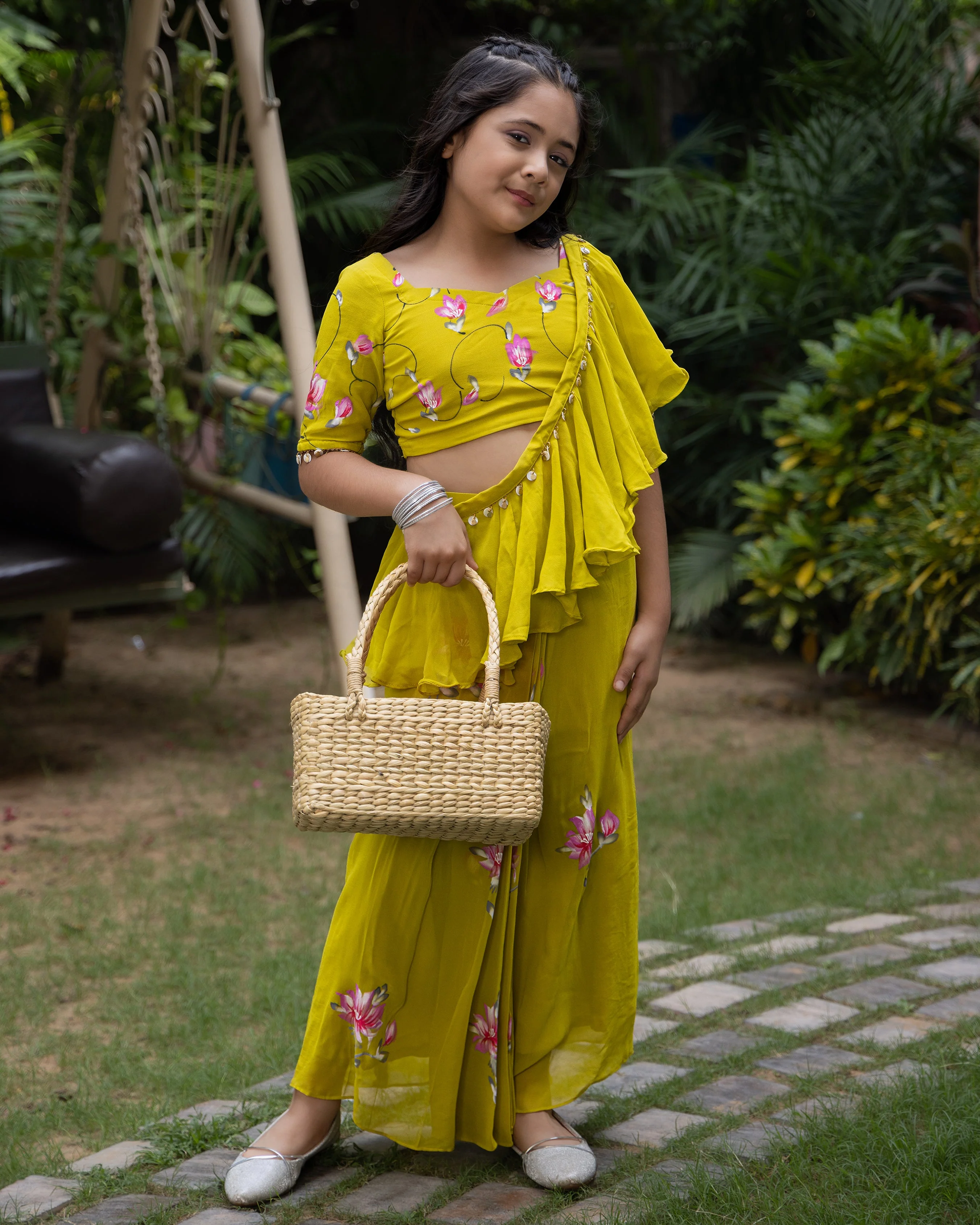 Petunia Lime Handpainted Georgette Pre Draped Saree - Image 2