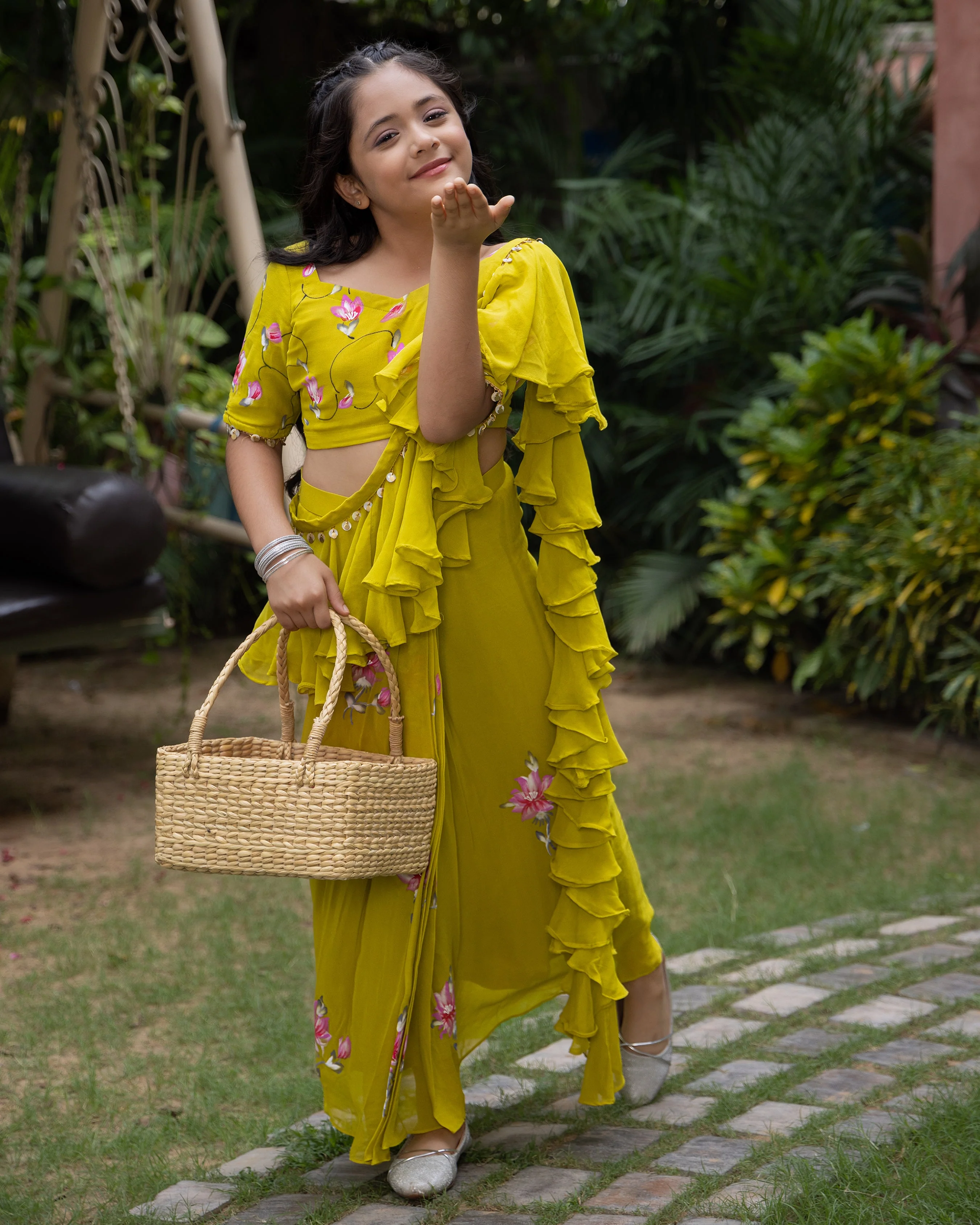 Petunia Lime Handpainted Georgette Pre Draped Saree - Image 6