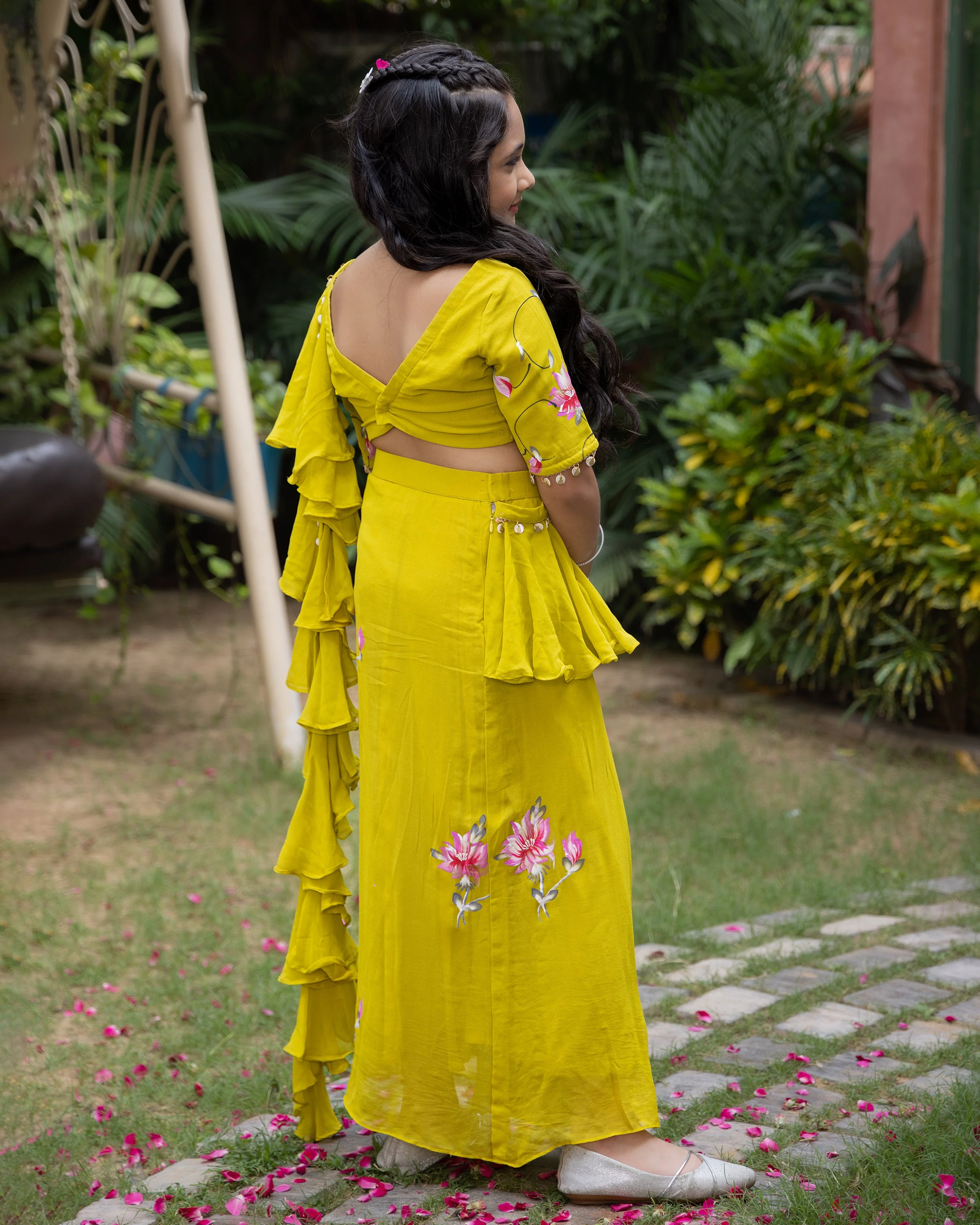 Petunia Lime Handpainted Georgette Pre Draped Saree - Image 8