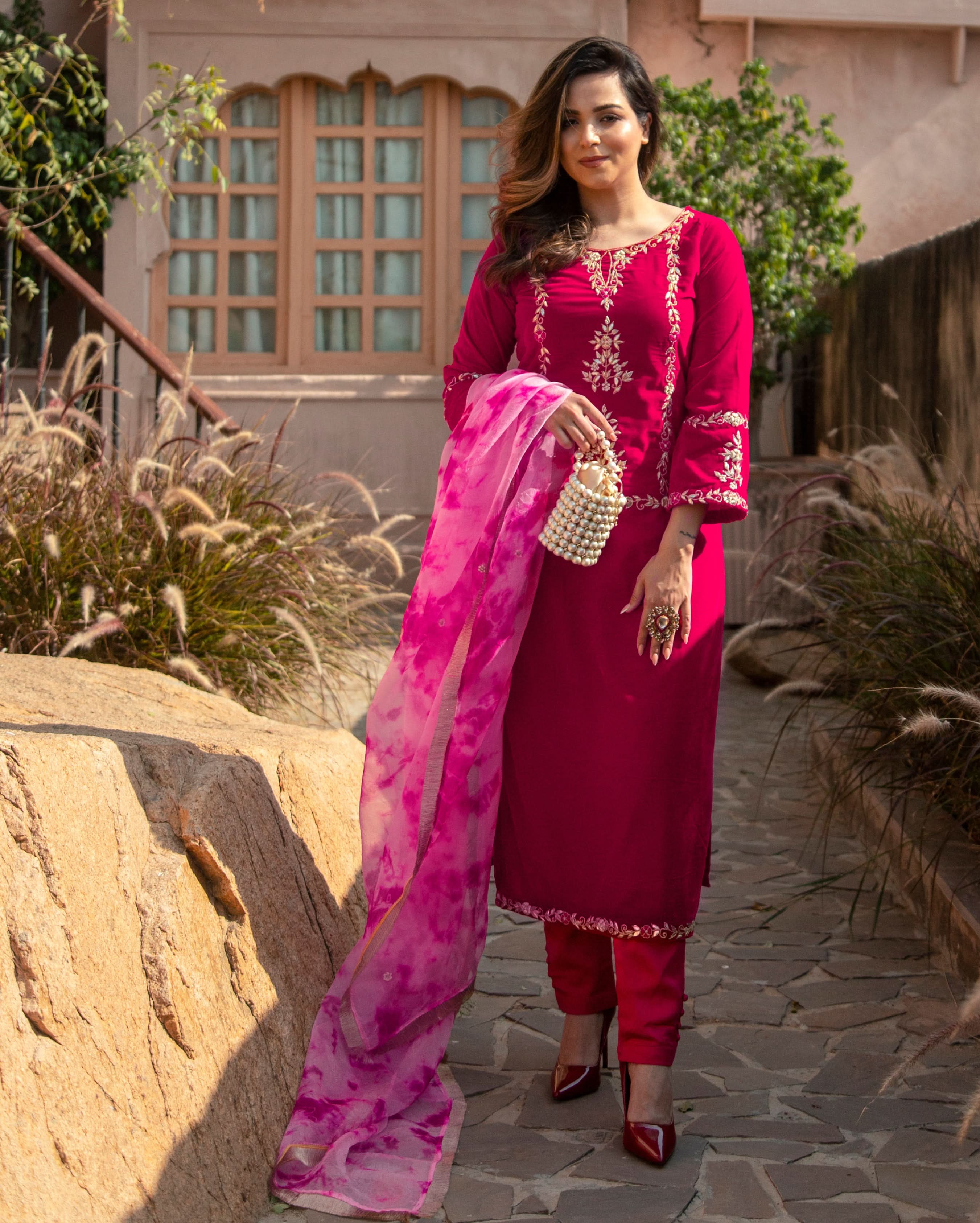 Pink Paradise Velvet Handcrafted Suit Set - Image 3