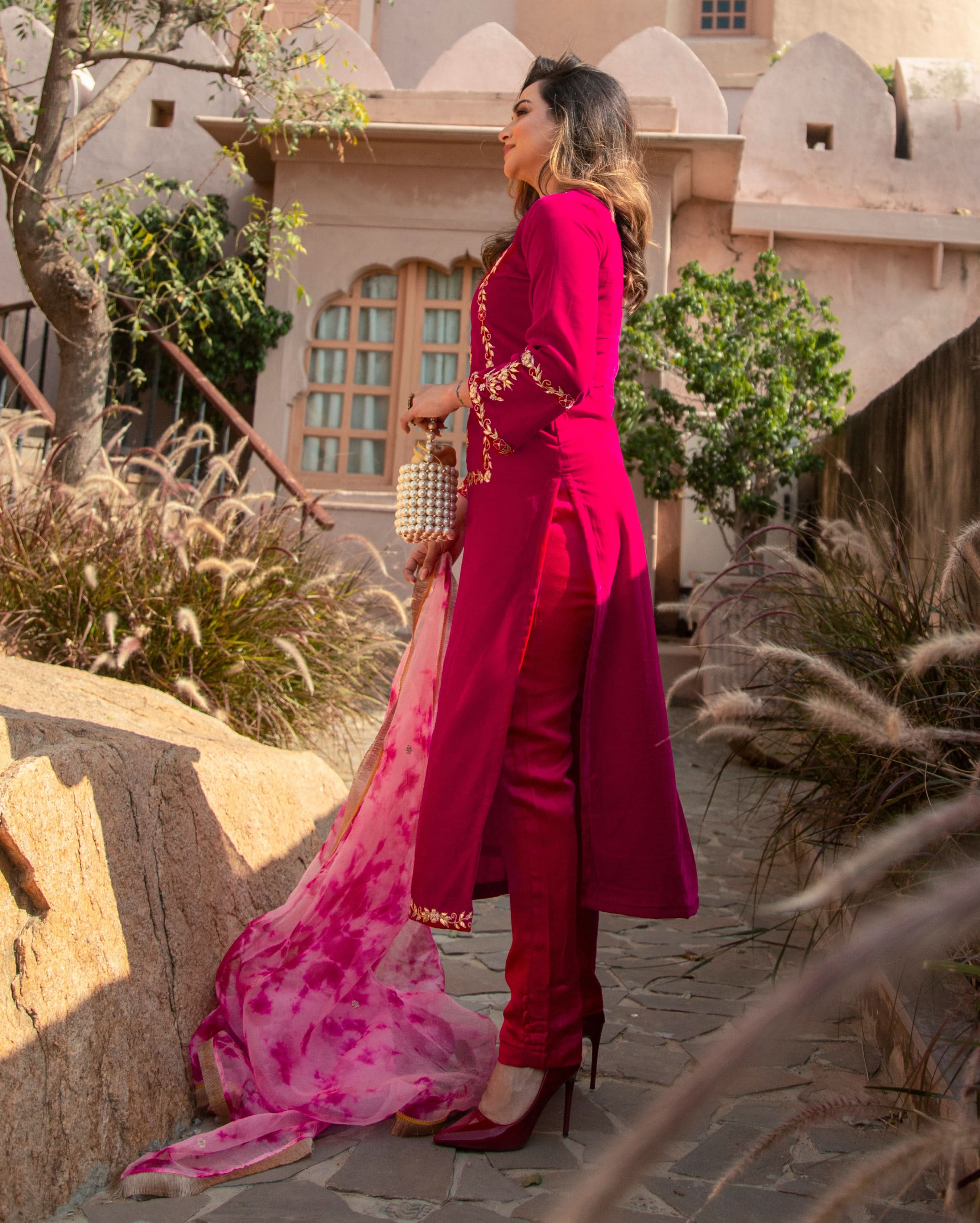 Pink Paradise Velvet Handcrafted Suit Set - Image 5