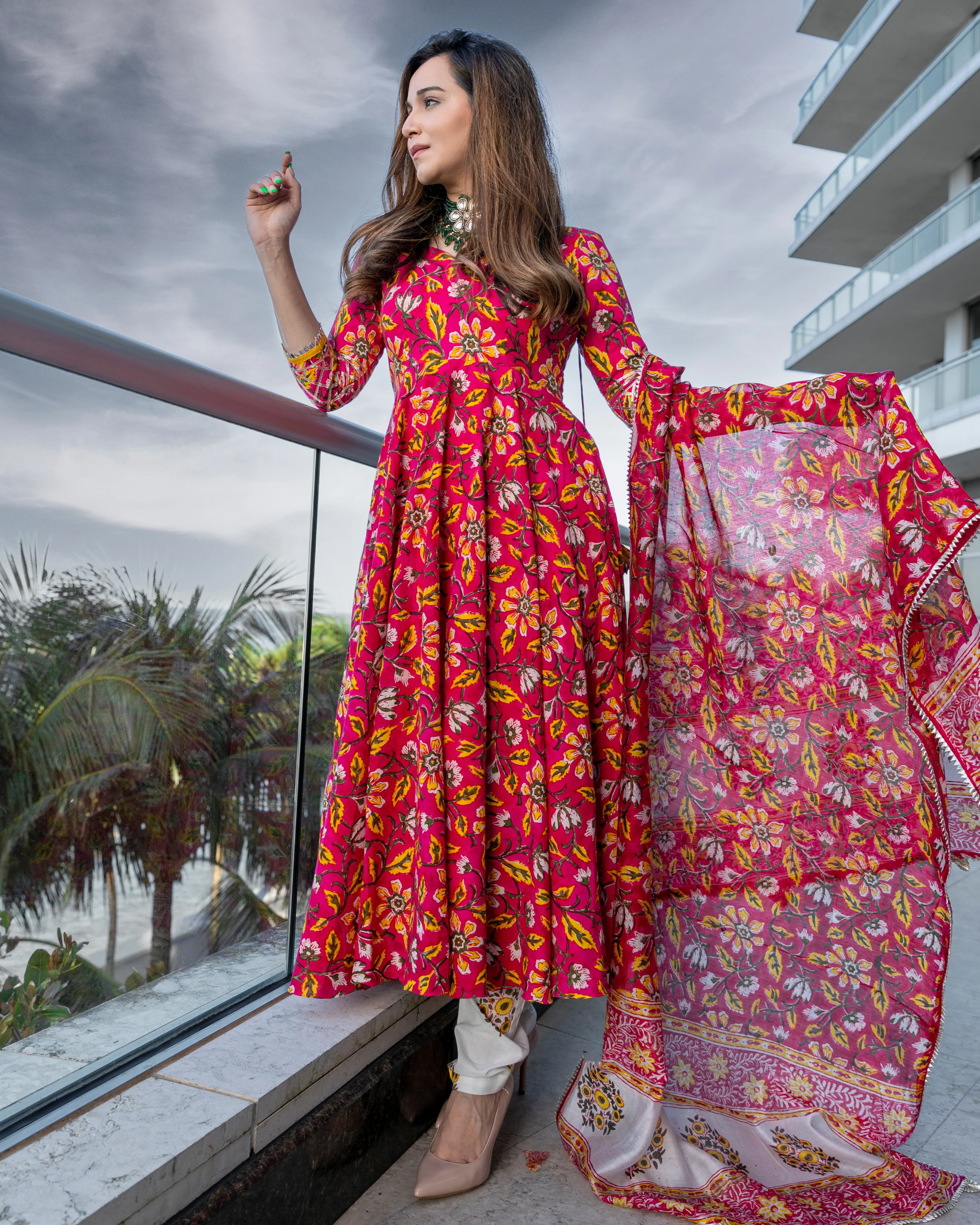 Pink Sunset Handblock Gota Suit Set - Image 3