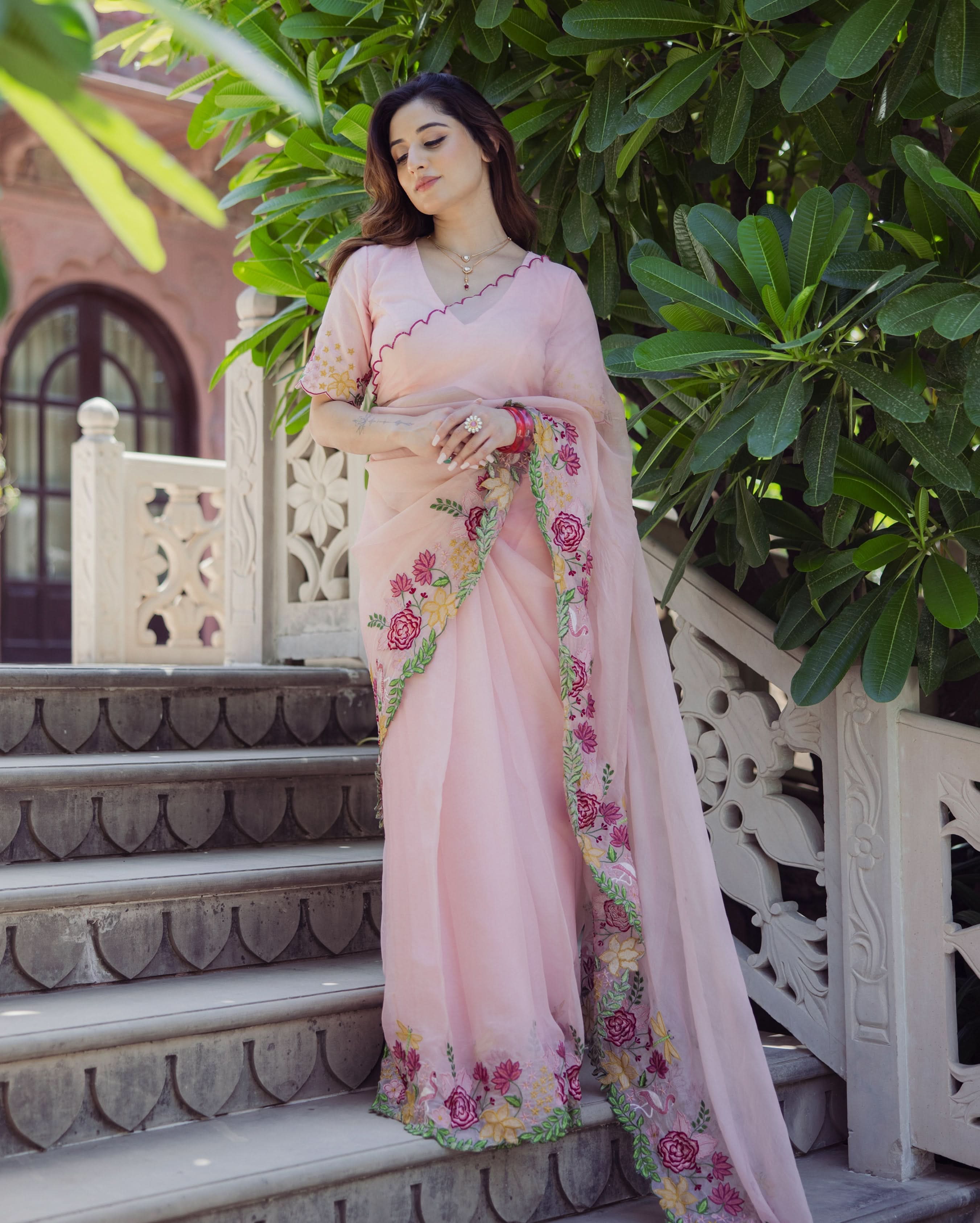 Posh Peach Embroidered Organza Saree - Image 2