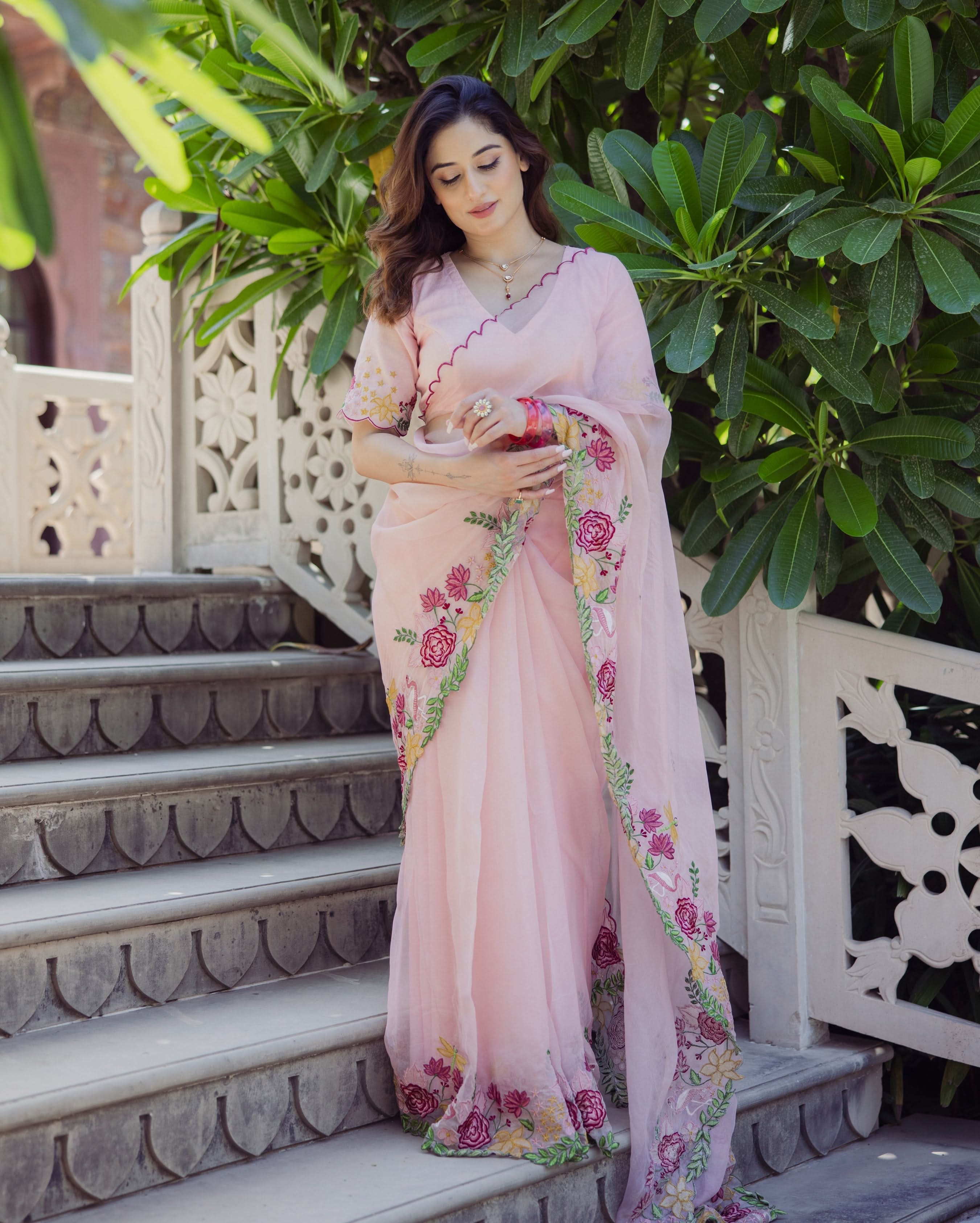 Posh Peach Embroidered Organza Saree - Image 3