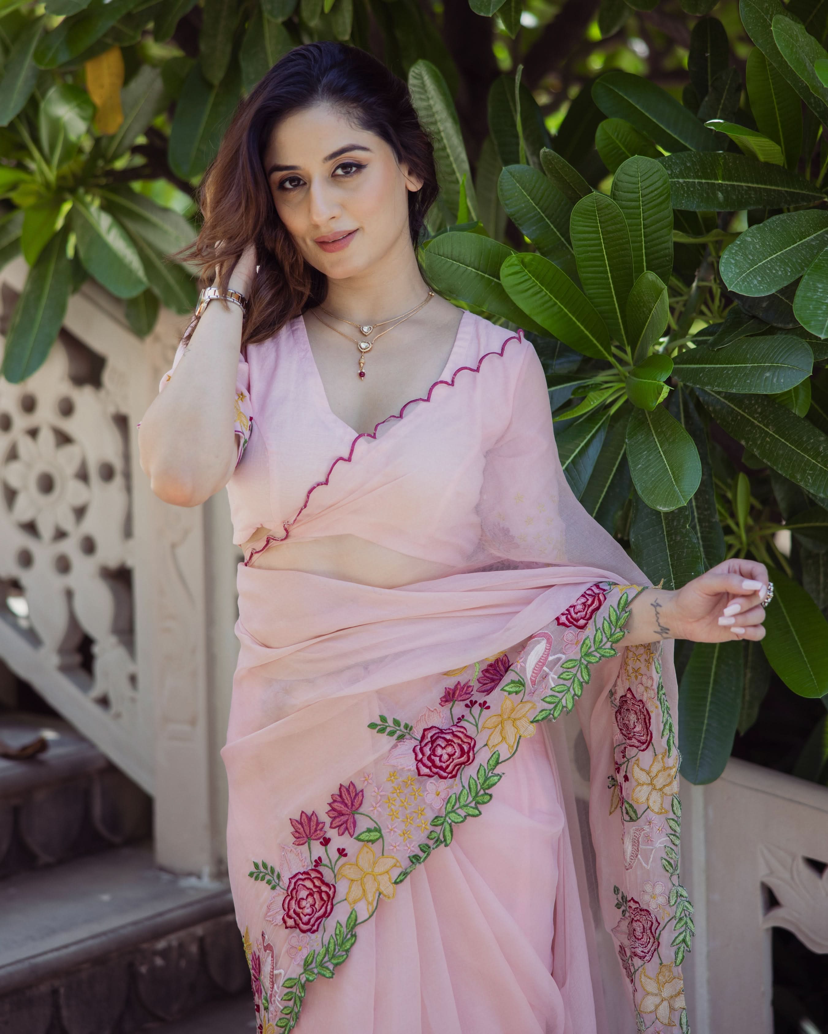 Posh Peach Embroidered Organza Saree - Image 4