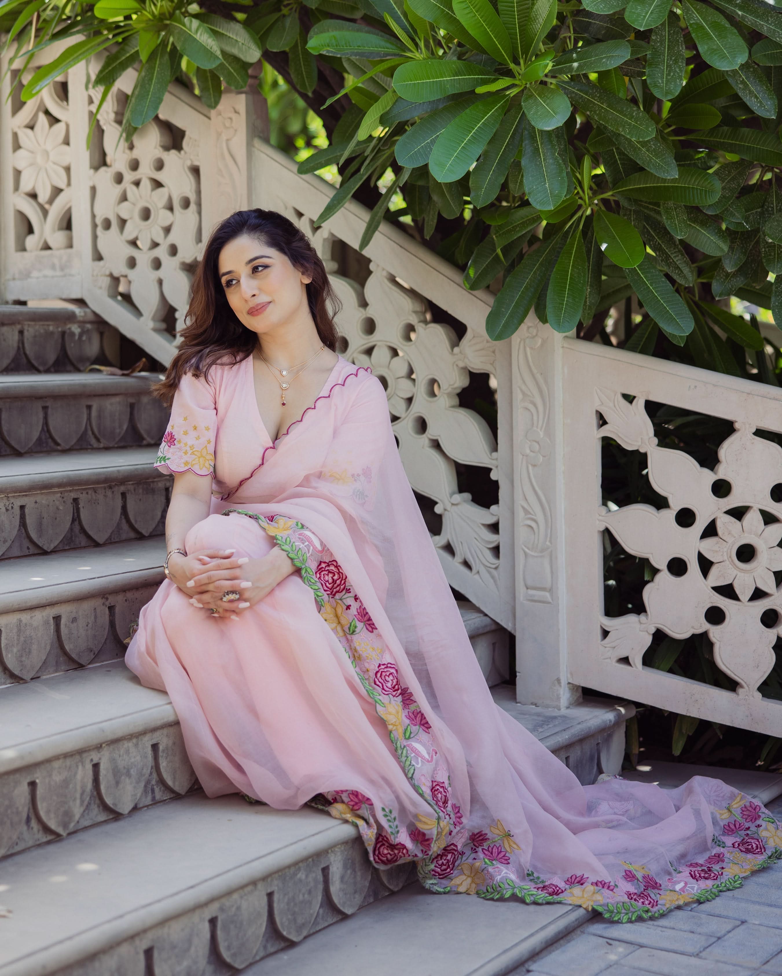 Posh Peach Embroidered Organza Saree - Image 5