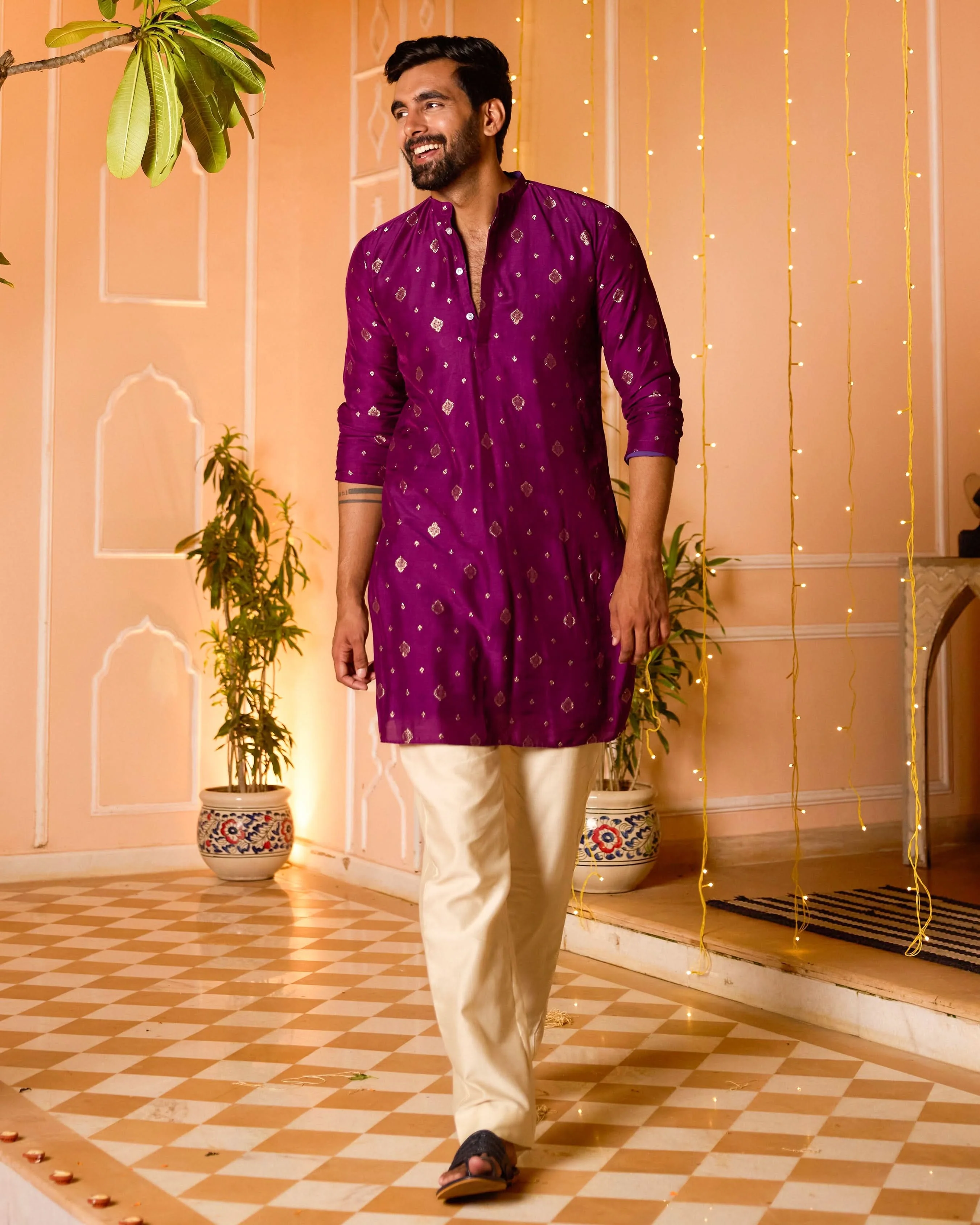 Prakashit Purple Jacquard Kurta - Image 3