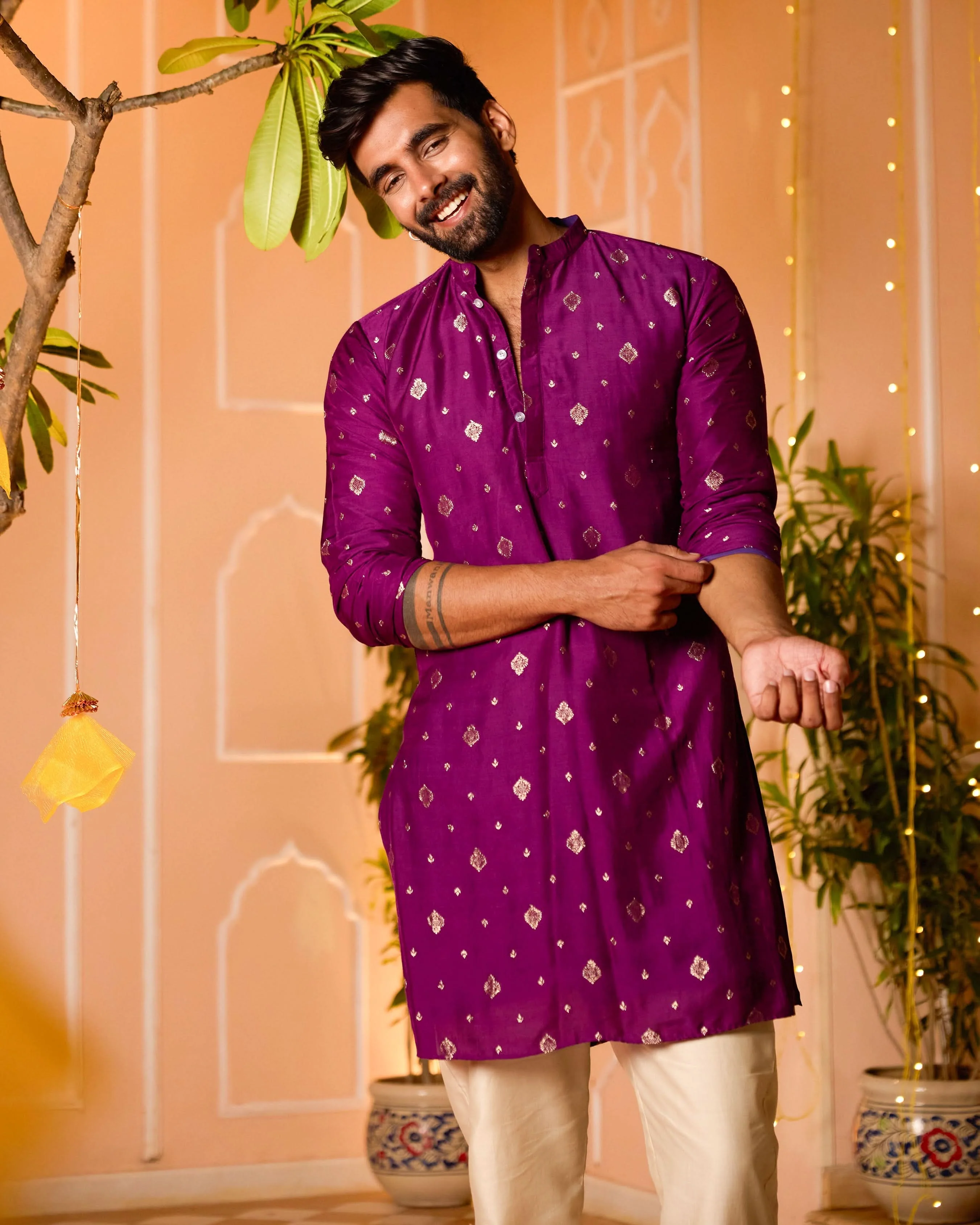 Prakashit Purple Jacquard Kurta - Image 5