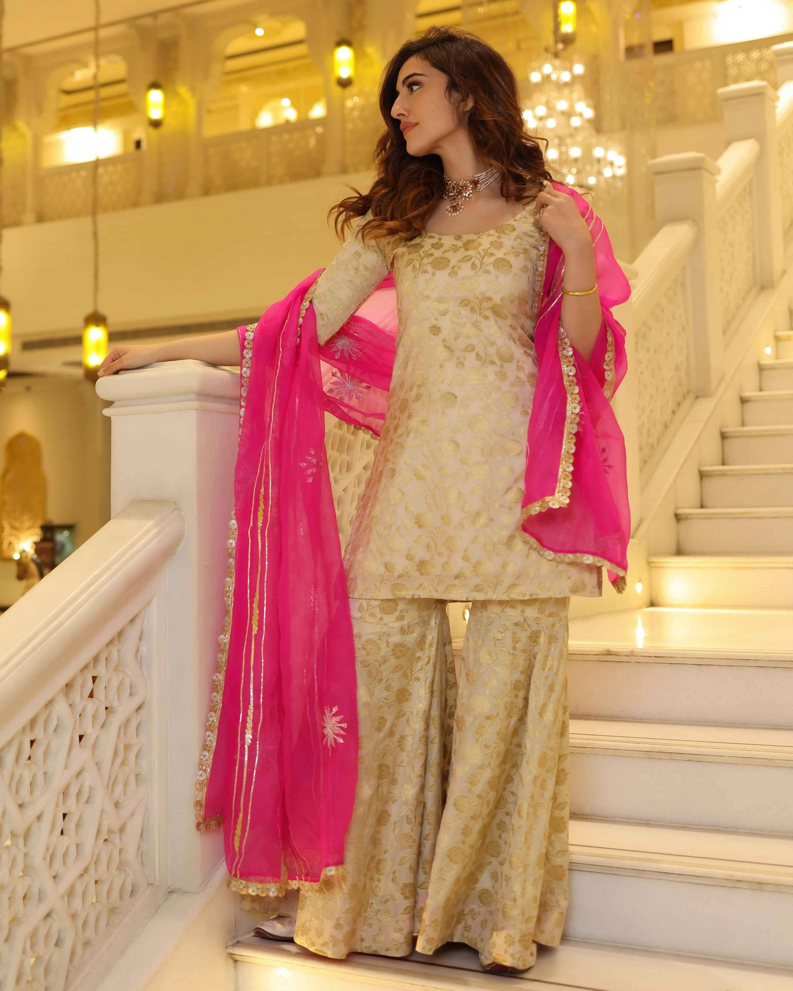 Promising Gold Brocade Sharara Set - Image 4