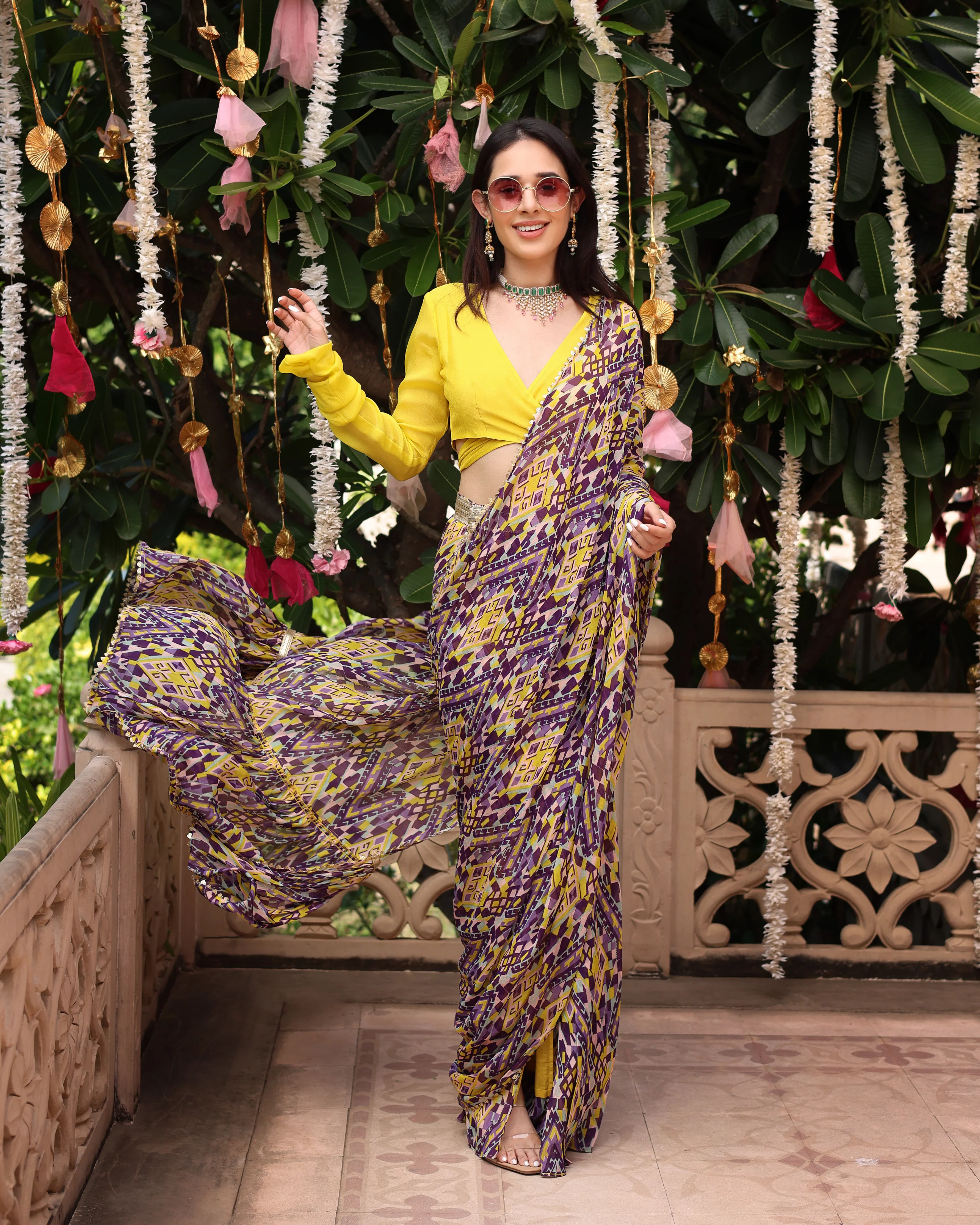 Purple Yellow Melody Printed Chinon Pre Draped Saree - Image 3