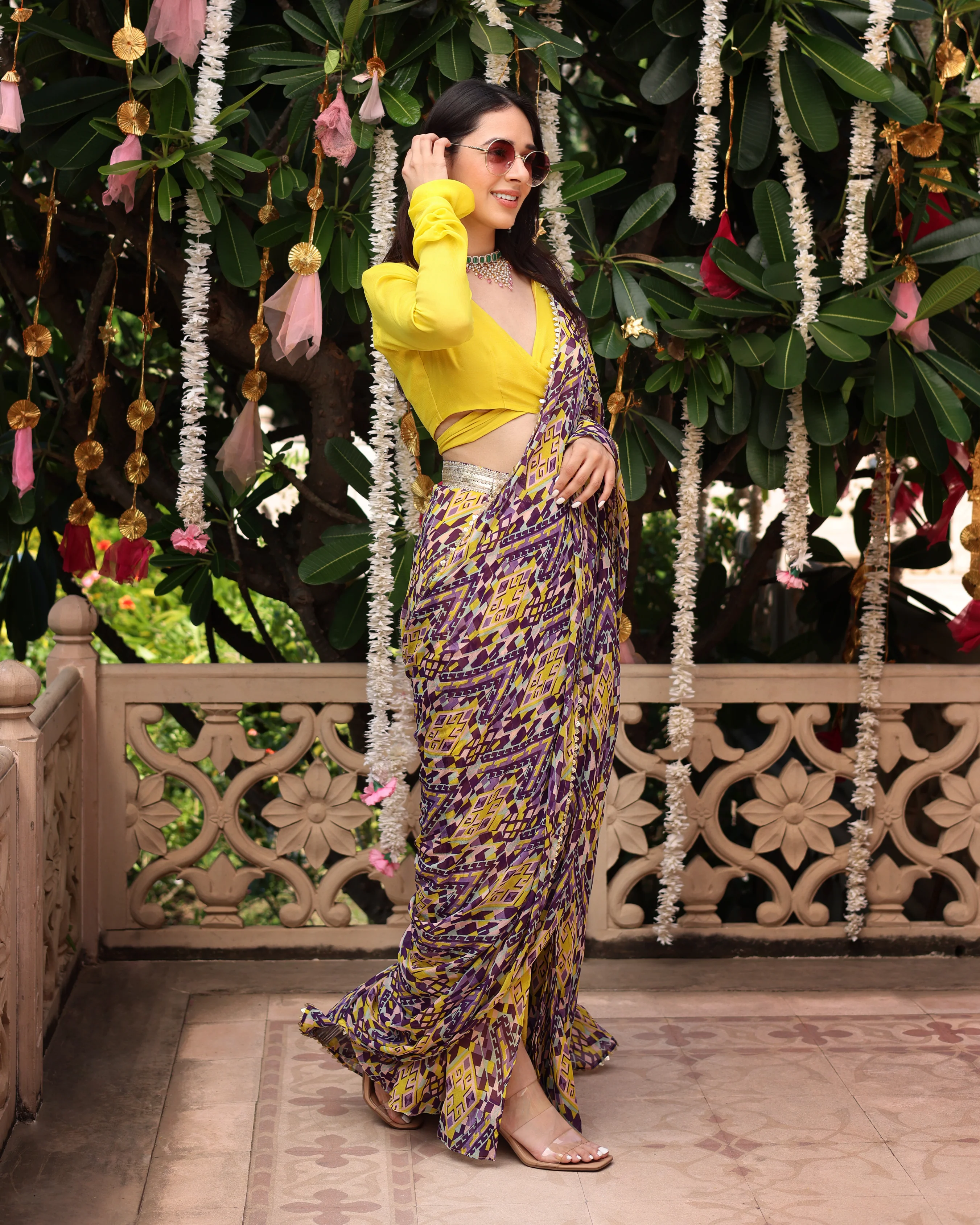 Purple Yellow Melody Printed Chinon Pre Draped Saree - Image 5
