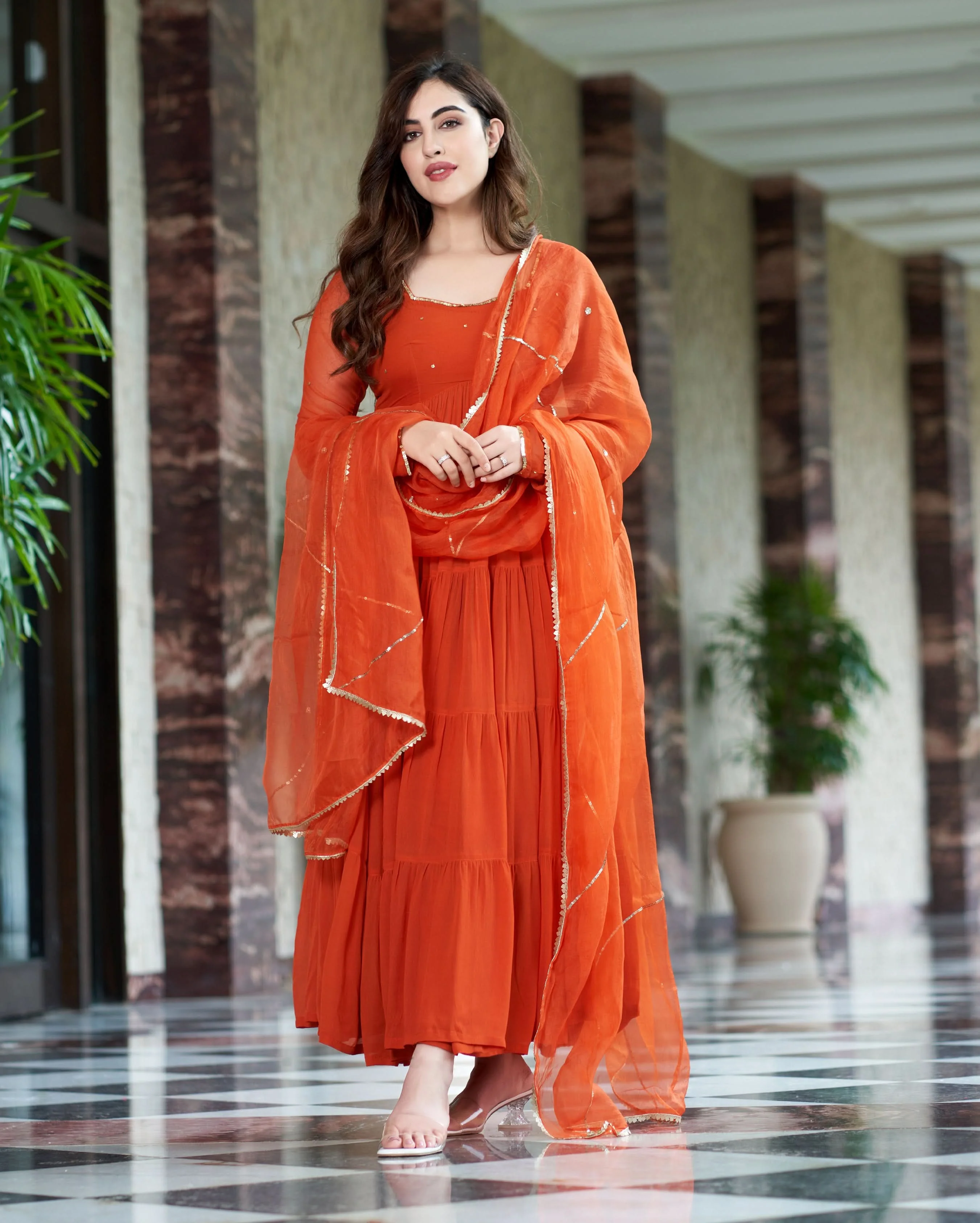 Rachna Orange Embroidered Georgette Suit Set - Image 5